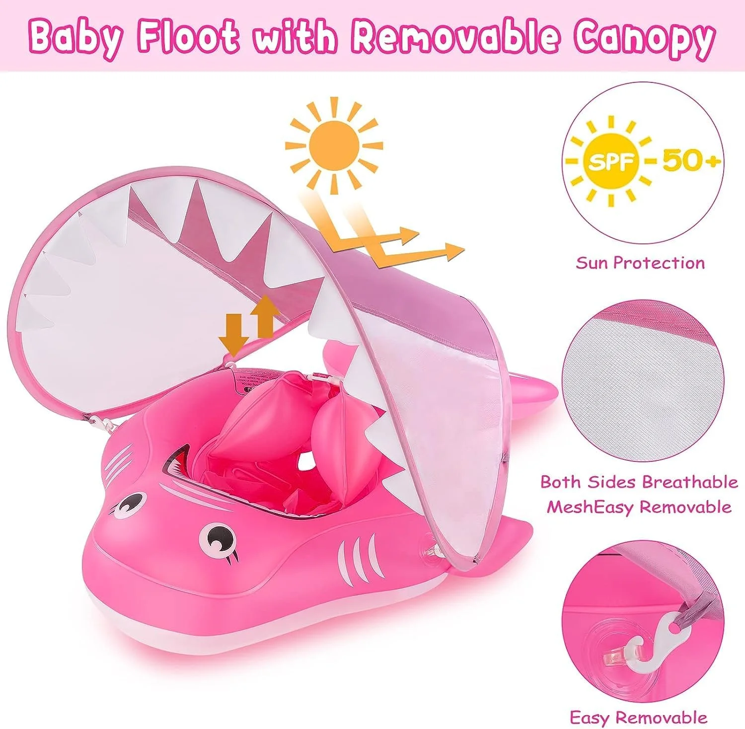 شناور بادی استخر کودک، شناور شنای نوزاد با سایبان محافظ آفتاب، حلقه شناور بادی کوسه ای برای کودکان نوپا، اسباب بازی های حمام استخر برای شنای ایمن تر برای نوزادان 3-36 ماهه