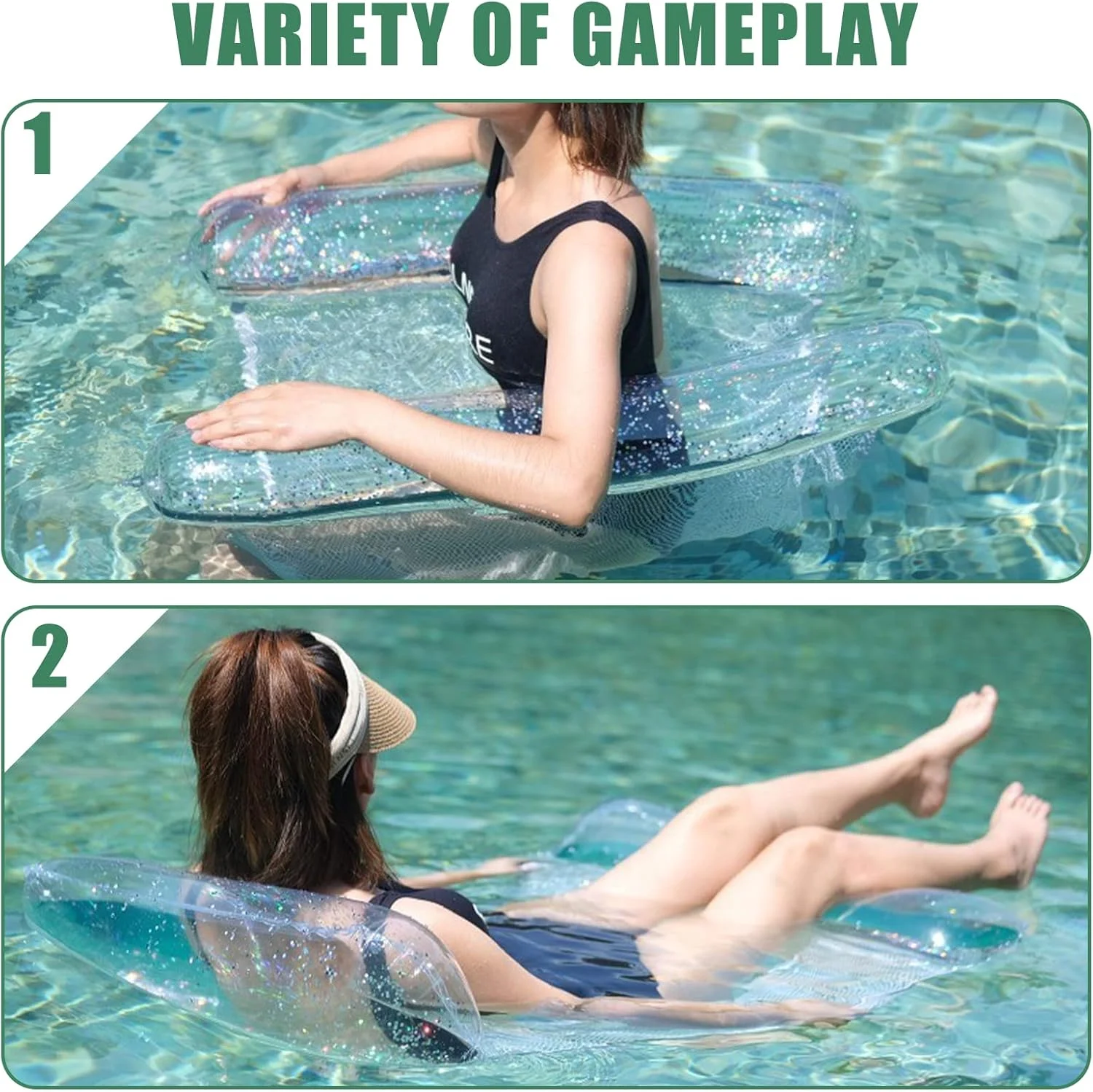 بسته 2 عددی شناور استخر شفاف بزرگسال، تخت آویز بادی استخر، صندلی استراحت استخر اسباب بازی های استخر برای استخر ساحلی و ورزش های آبی