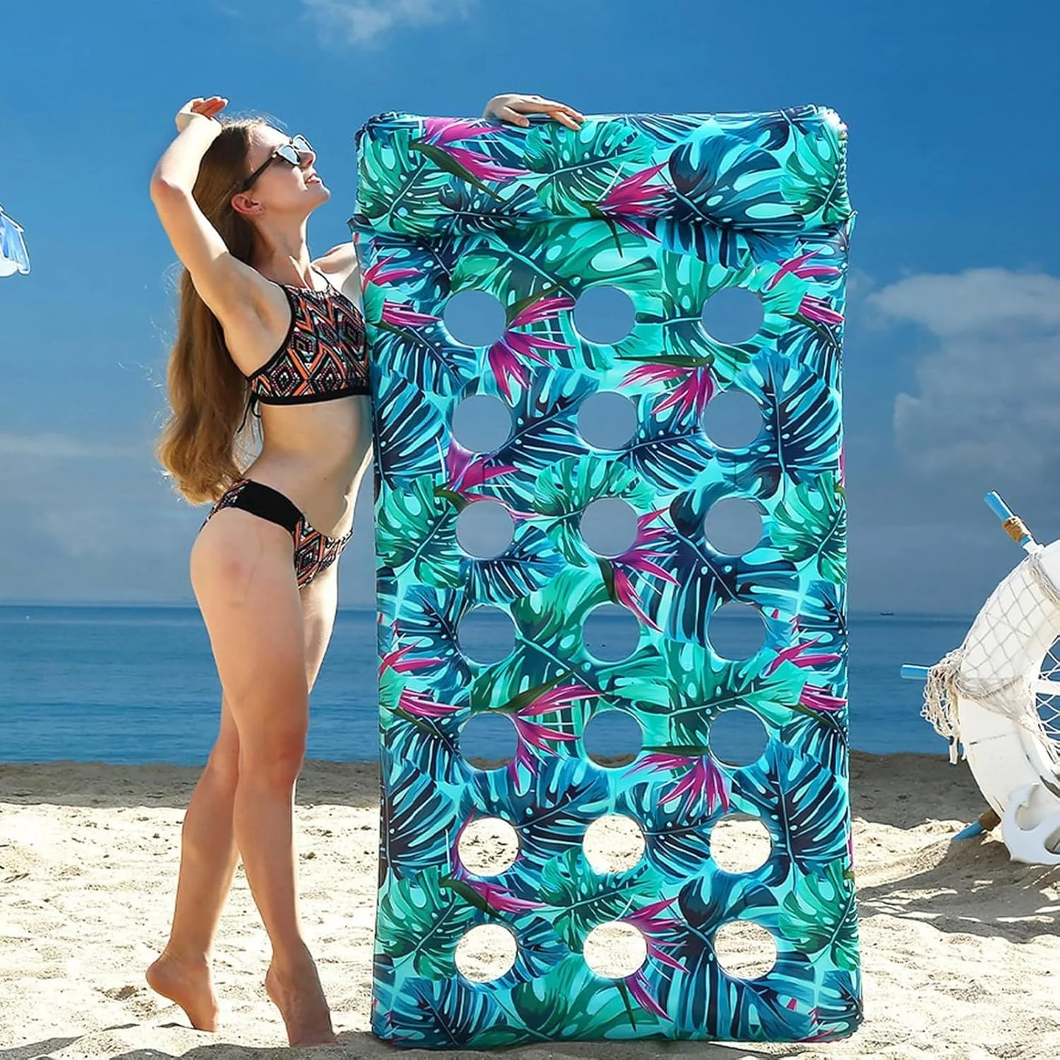 تخت بادی شناور استخر SOOFAM، تشک بادی بزرگ استخر با جا لیوانی بادی برای بزرگسالان، تشک شناور آفتاب گرفتن بزرگ، مناسب برای تعطیلات، دریاچه و مهمانی تابستانی