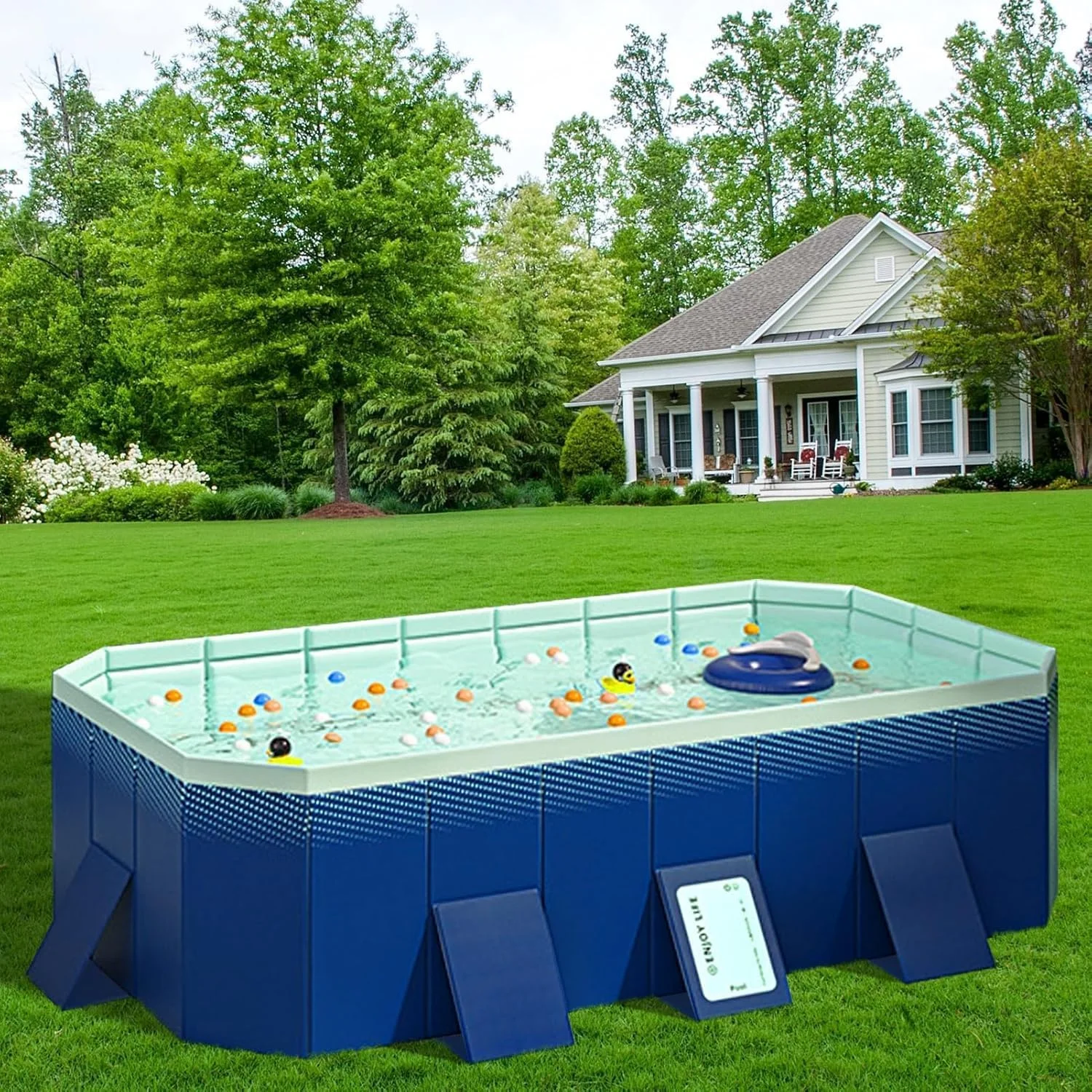 استخر تاشو اسکای-تاچ برای کودکان، استخر غیر بادی کودکان و بزرگسالان، استخر تاشو با نصب سریع به همراه دریچه تخلیه آب مناسب فضای باز، باغ، حیاط خلوت، 210x140x55 سانتی متر آبی