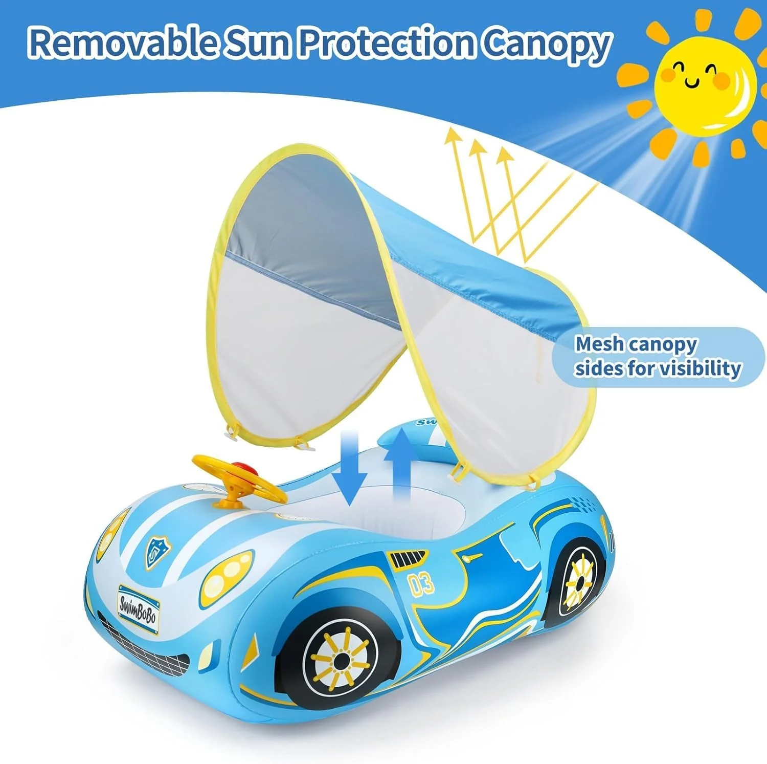 شناور بادی استخر کودک طرح ماشین با سایبان محافظت از نور خورشید