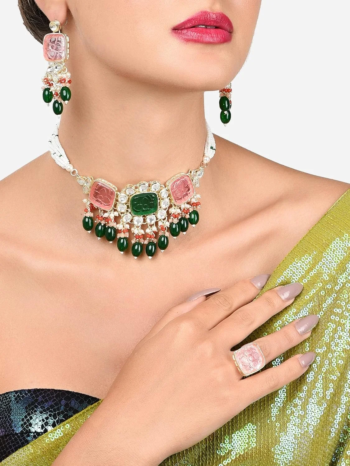 ZAVERI PEARLS ست گردنبند چوکر چند رشته ای نگین دار و خوشه ای با سنگ های چند رنگ، گوشواره و انگشتر زنانه - ZPFK16083 ZAVERI PEARLS ست گردنبند چوکر چند رشته ای نگین دار و خوشه ای با سنگ های چند رنگ، گوشواره و انگشتر زنانه - ZPFK16083
