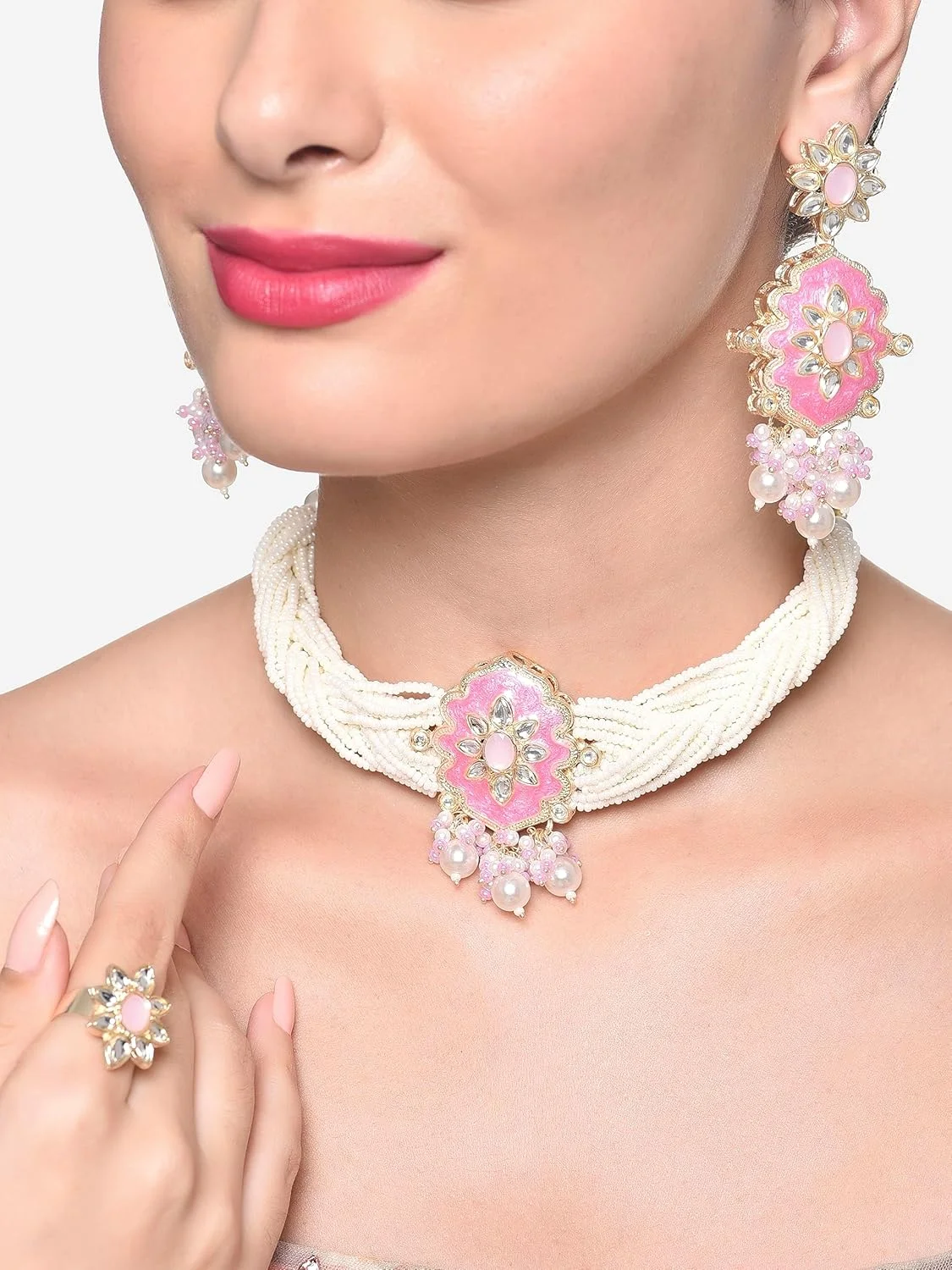 زیوری پرلز ست گردنبند چوکر چند رشته ای میناکاری کندان صورتی و سفید به همراه گوشواره و انگشتر زنانه - ZPFK16502 زیوری پرلز ست گردنبند چوکر چند رشته ای میناکاری کندان صورتی و سفید به همراه گوشواره و انگشتر زنانه - ZPFK16502