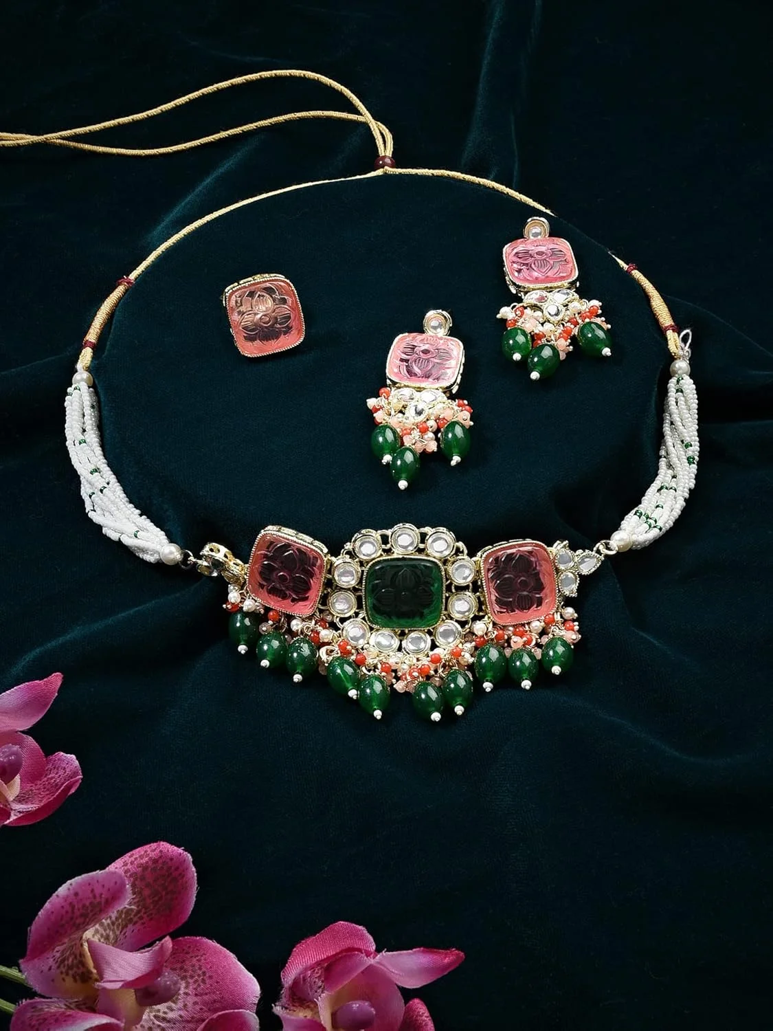 ZAVERI PEARLS ست گردنبند چوکر چند رشته ای نگین دار و خوشه ای با سنگ های چند رنگ، گوشواره و انگشتر زنانه - ZPFK16083 ZAVERI PEARLS ست گردنبند چوکر چند رشته ای نگین دار و خوشه ای با سنگ های چند رنگ، گوشواره و انگشتر زنانه - ZPFK16083