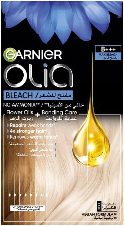 کیت رنگ مو روشن کننده گارنیه اولیا B++ Max بدون آمونیاک، کیت کامل روشن کننده و مراقبت پیوندی، حاوی روغن های گل، فرمول وگان با قابلیت روشن کنندگی تا 8 درجه، از بین برنده ته رنگ های گرم، 75 گرم