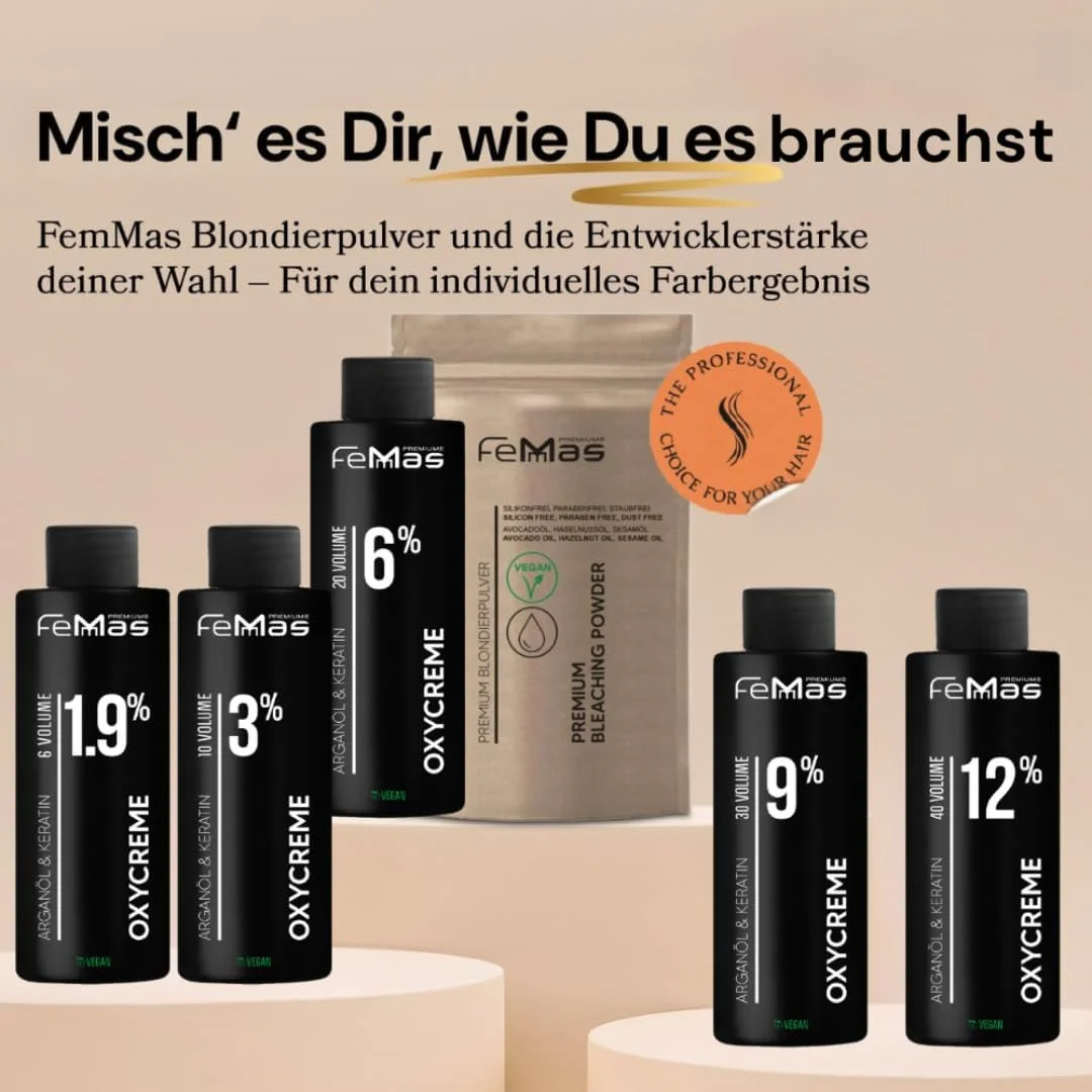 ست سفید کننده FemMas: پودر سفید کننده پریمیوم 100 گرمی و کرم اکسیدان 100 میلی لیتری | ست استارتر عالی برای موهای بلوند | برای روشن کردن مو تا 9 درجه در سطح کیفیت سالن (بلوند، 9%) ست سفید کننده FemMas: پودر سفید کننده پریمیوم 100 گرمی و کرم اکسیدان 100 میلی لیتری | ست استارتر عالی برای موهای بلوند | برای روشن کردن مو تا 9 درجه در سطح کیفیت سالن (بلوند، 9%)