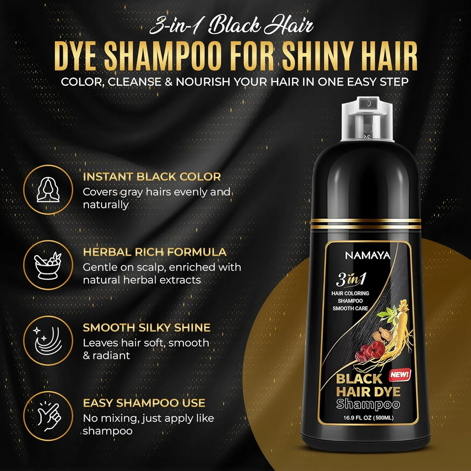 شامپو رنگ موی مشکی - 500 میلی لیتر - پوشش موهای سفید، مرطوب کننده و پاک کننده - با مواد طبیعی - برای آقایان و خانم ها