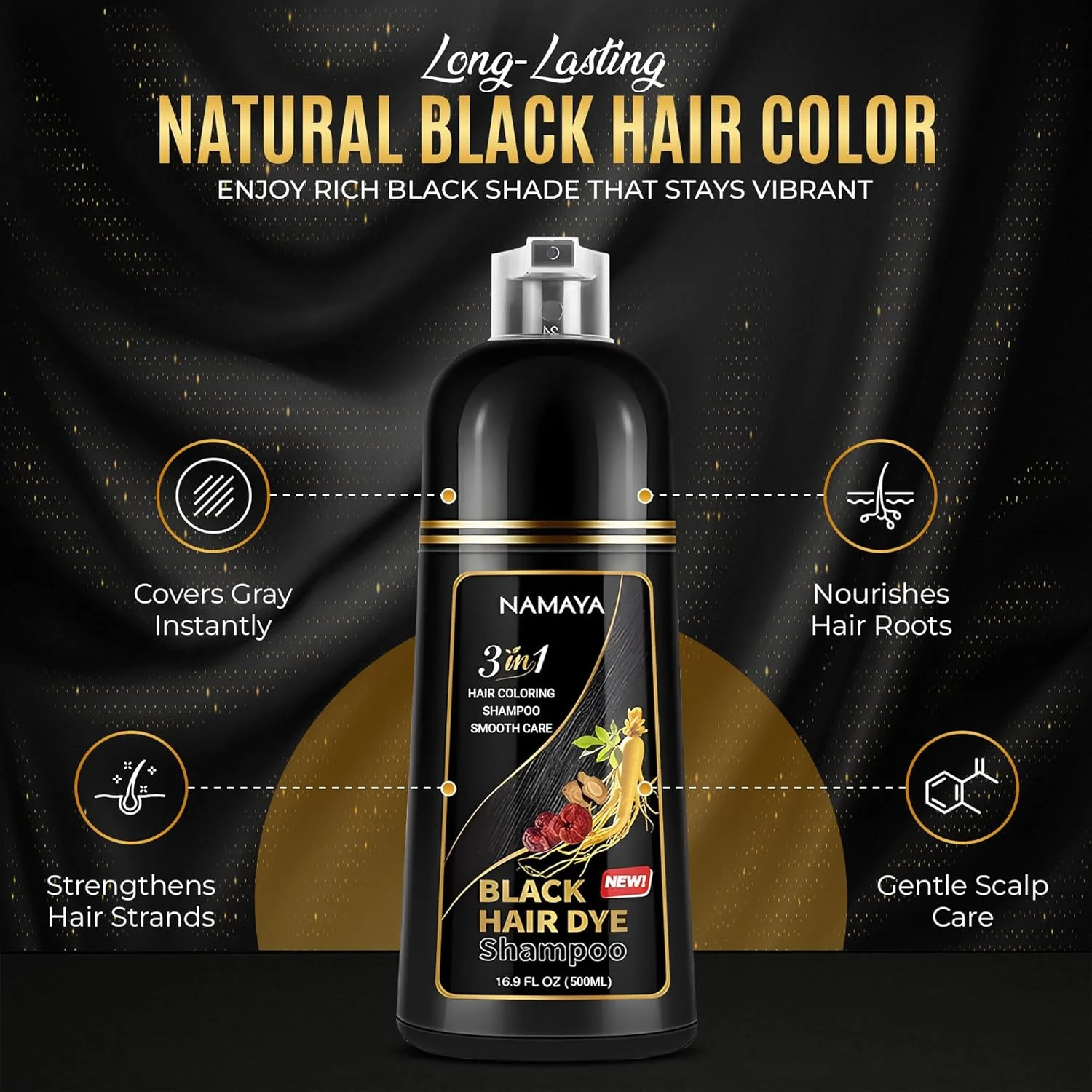 شامپو رنگ موی مشکی - 500 میلی لیتر - پوشش موهای سفید، مرطوب کننده و پاک کننده - با مواد طبیعی - برای آقایان و خانم ها