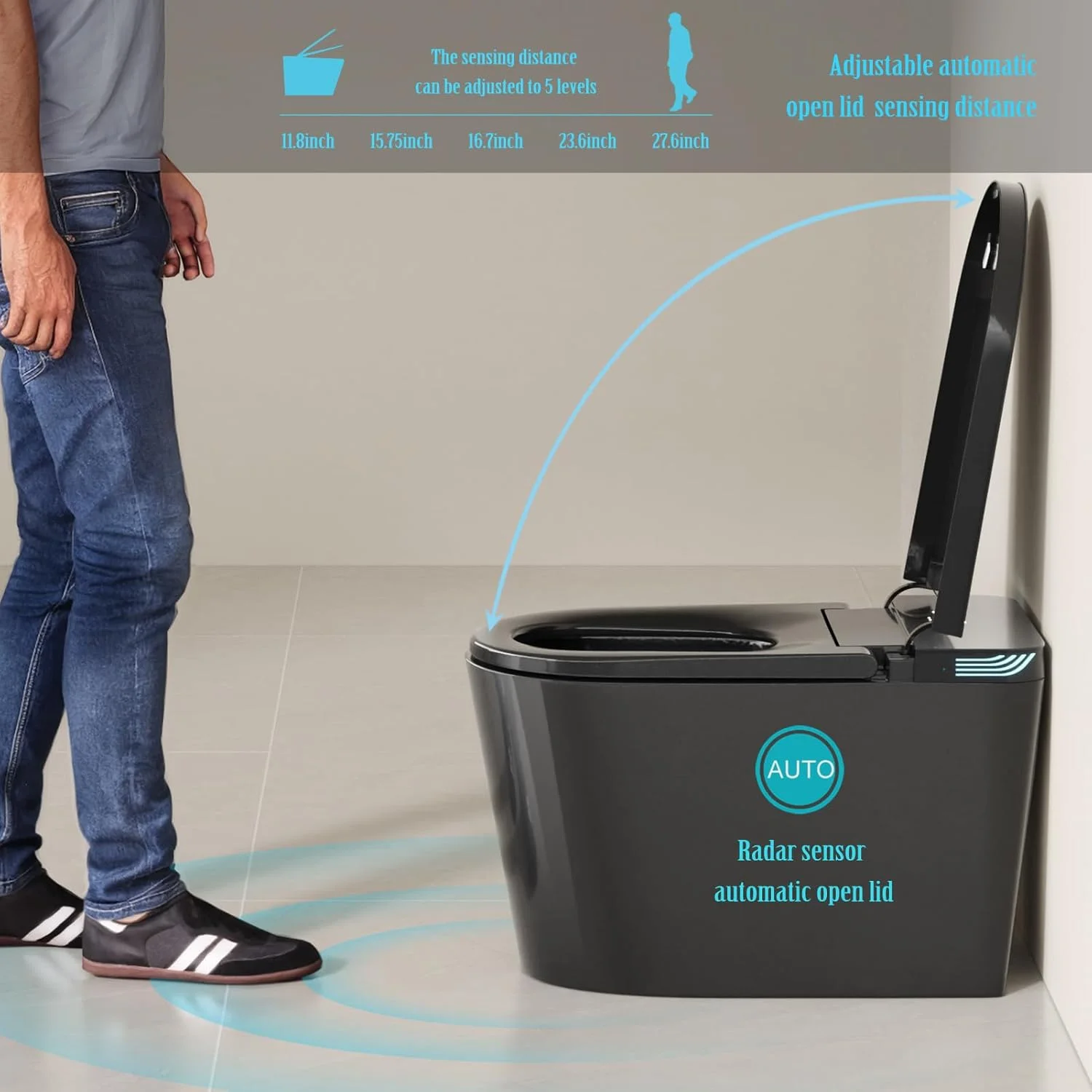 توالت فرنگی بیده هوشمند مشکی با درب باز/بسته شدن خودکار، توالت یک تکه مدرن و هوشمند بدون مخزن با بیده داخلی، آب گرم، خشک کن هوای گرم، توالت با صندلی گرم شونده خود تمیز شونده با کنترل از راه دور.