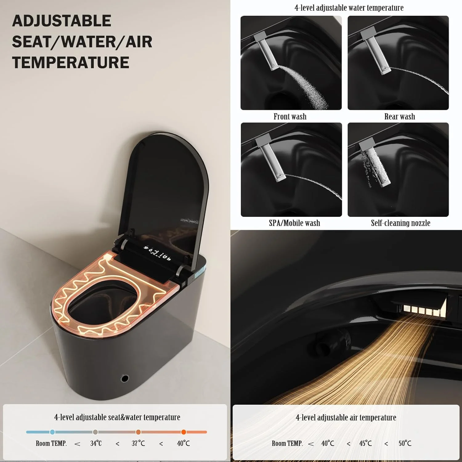 توالت فرنگی بیده هوشمند مشکی با درب باز/بسته شدن خودکار، توالت یک تکه مدرن و هوشمند بدون مخزن با بیده داخلی، آب گرم، خشک کن هوای گرم، توالت با صندلی گرم شونده خود تمیز شونده با کنترل از راه دور.