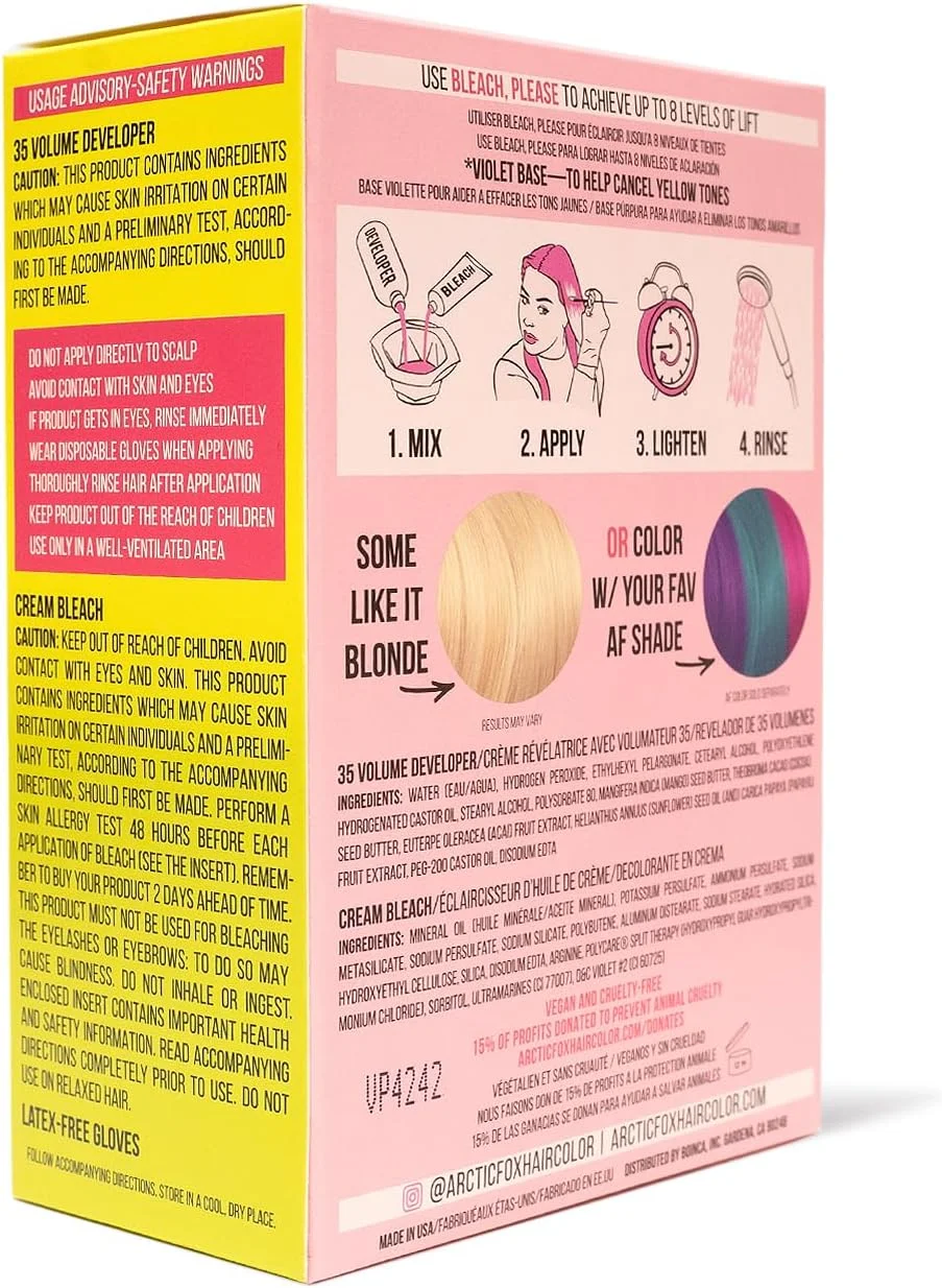 کیت روشن کننده مو آرکتیک فاکس Bleach Please، کرم بلیچ، دولوپر ولوم 35 و دستکش های بدون لاتکس غنی شده با آکای، کاکائو، روغن آفتابگردان و پاپایا! وگان و بدون تست حیوانی کیت روشن کننده مو آرکتیک فاکس Bleach Please، کرم بلیچ، دولوپر ولوم 35 و دستکش های بدون لاتکس غنی شده با آکای، کاکائو، روغن آفتابگردان و پاپایا! وگان و بدون تست حیوانی