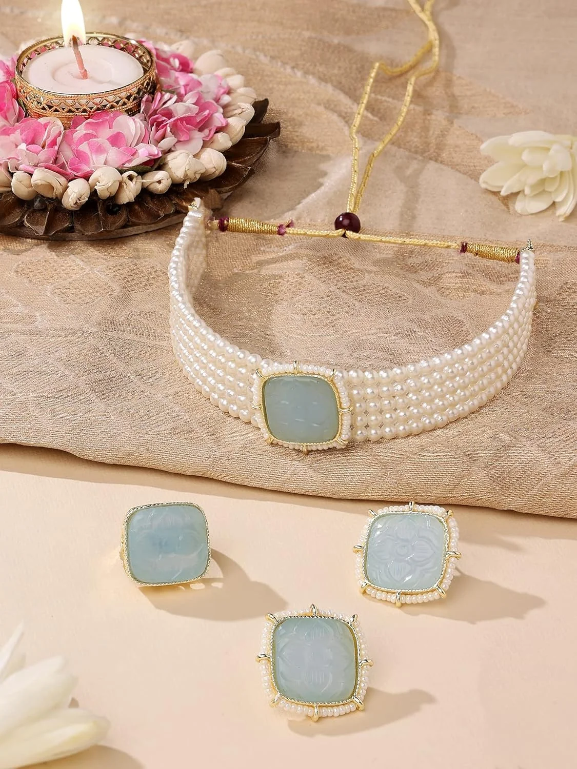 زیوری پرلز، ست گردنبند چوکر مرواریدی چند رشته ای با سنگ های خاکستری، گوشواره و انگشتر زنانه - ZPFK14819 زیوری پرلز، ست گردنبند چوکر مرواریدی چند رشته ای با سنگ های خاکستری، گوشواره و انگشتر زنانه - ZPFK14819