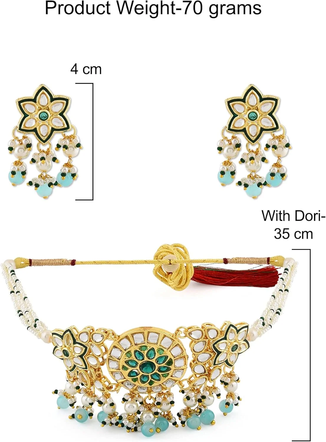 زیوری پرلز، ست گردنبند چوکر، گوشواره و انگشتر زنانه با مهره های سبز و نگین های Kundan مدل سنتی - ZPFK11066 زیوری پرلز، ست گردنبند چوکر، گوشواره و انگشتر زنانه با مهره های سبز و نگین های Kundan مدل سنتی - ZPFK11066
