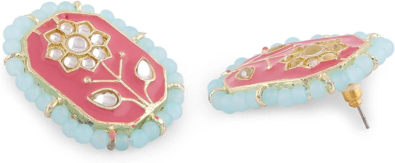 زیوری پرلز ست گردنبند چوکر، گوشواره و انگشتر زنانه با گل های میناکاری صورتی کندن و مهره های فیروزه ای - ZPFK13973