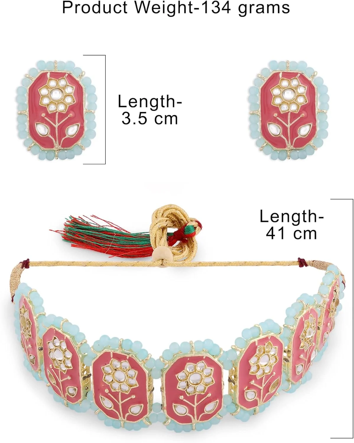 زیوری پرلز ست گردنبند چوکر، گوشواره و انگشتر زنانه با گل های میناکاری صورتی کندن و مهره های فیروزه ای - ZPFK13973