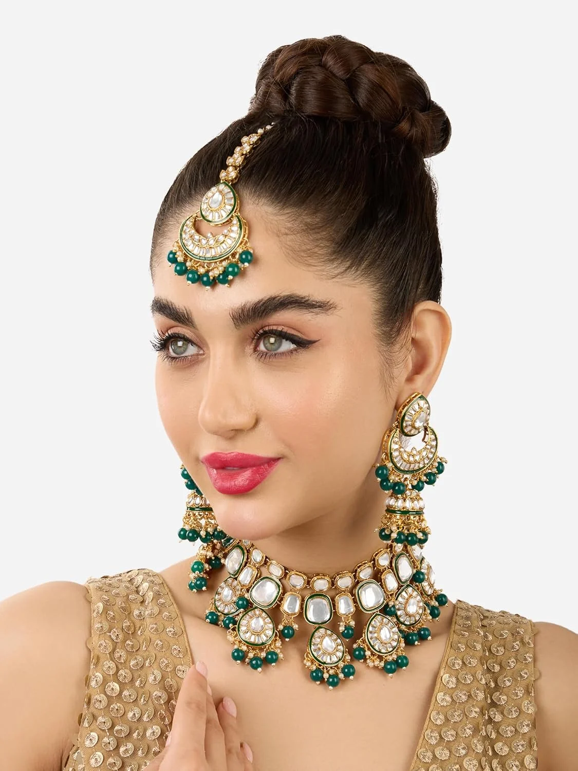 زیوری پرلز ست گردنبند چوکر، گوشواره و مانگ تیکا زنانه سبز میناکاری شده عروس کندان - ZPFK17581