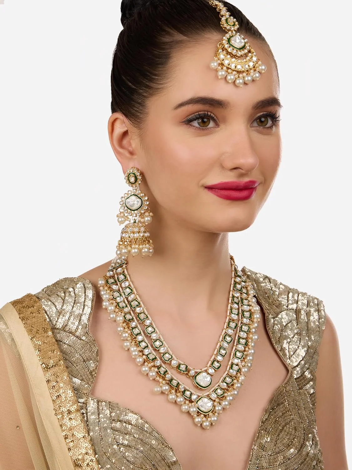 زیوری پیرلز ست گردنبند لایه ای سبز رنگ میناکاری رویال، گوشواره و مانگ تیکا زنانه - ZPFK18385