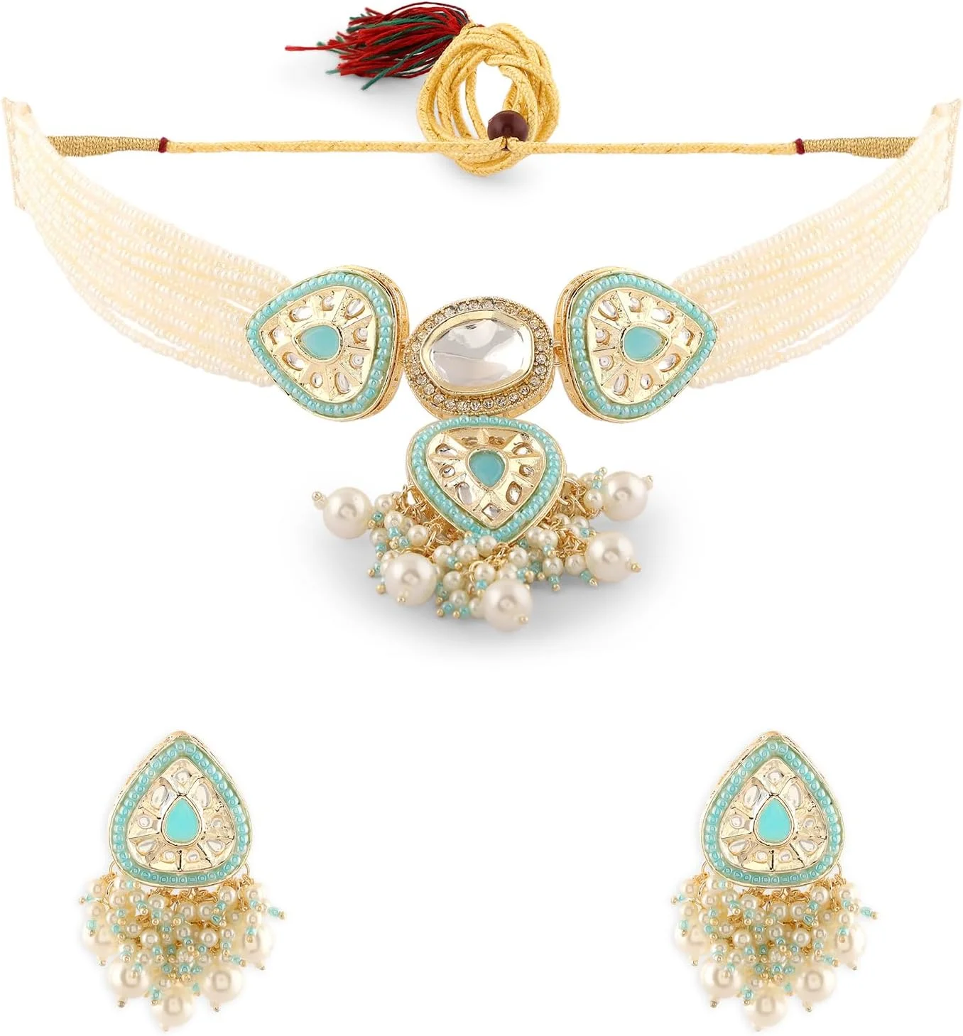 ZAVERI PEARLS گردنبند چوکر چند رشته ای مهره دار فیروزه ای آبی و ست گوشواره سنگ های مصنوعی زنانه - ZPFK17093