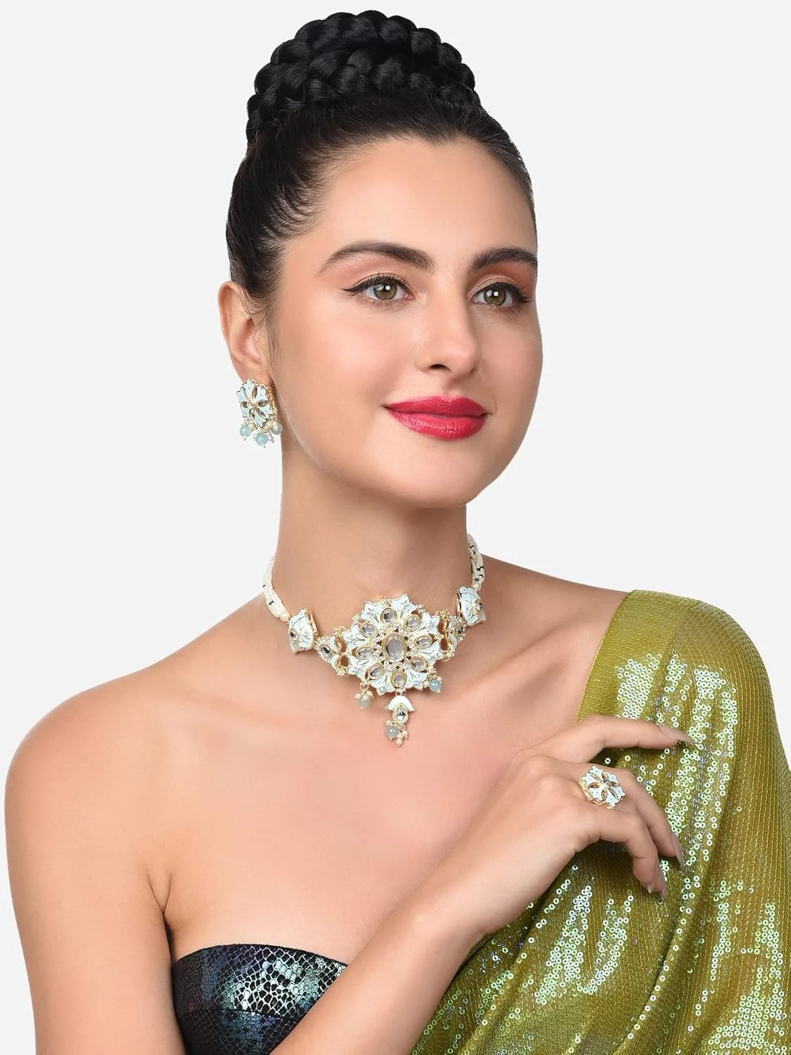 ست گردنبند چوکر چند رشته ای Kundan میناکاری فیروزه ای Zaveri Pearls به همراه گوشواره و انگشتر زنانه - ZPFK13655 ست گردنبند چوکر چند رشته ای Kundan میناکاری فیروزه ای Zaveri Pearls به همراه گوشواره و انگشتر زنانه - ZPFK13655