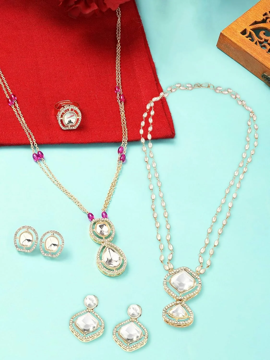 زیوری پرلز، ست 2 تکه شامل گردنبند، گوشواره و انگشتر زنانه با روکش طلایی و نگین های اتریشی درخشان - ZPFK17954