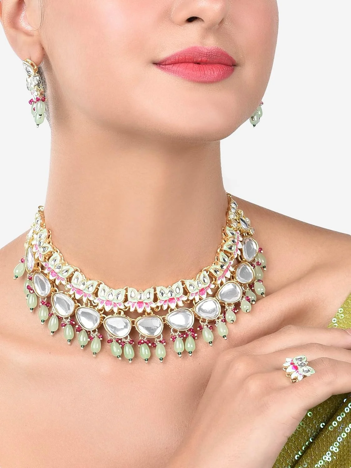 زیوری پرلز ست گردنبند، گوشواره و انگشتر میناکاری لوتوس Kundan سبز و صورتی زنانه - ZPFK15197