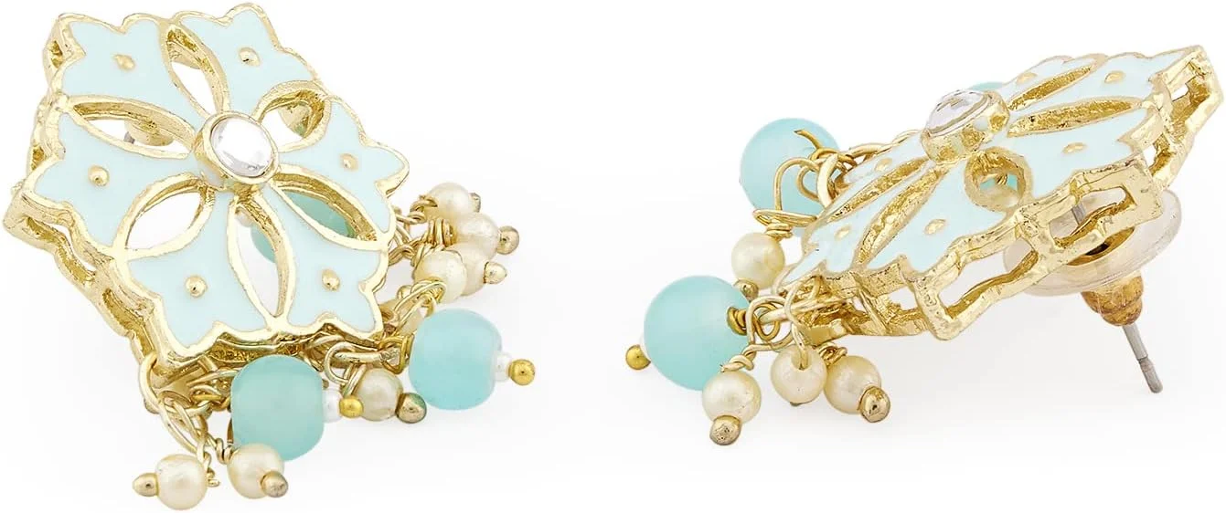 ست گردنبند چوکر چند رشته ای Kundan میناکاری فیروزه ای Zaveri Pearls به همراه گوشواره و انگشتر زنانه - ZPFK13655 ست گردنبند چوکر چند رشته ای Kundan میناکاری فیروزه ای Zaveri Pearls به همراه گوشواره و انگشتر زنانه - ZPFK13655