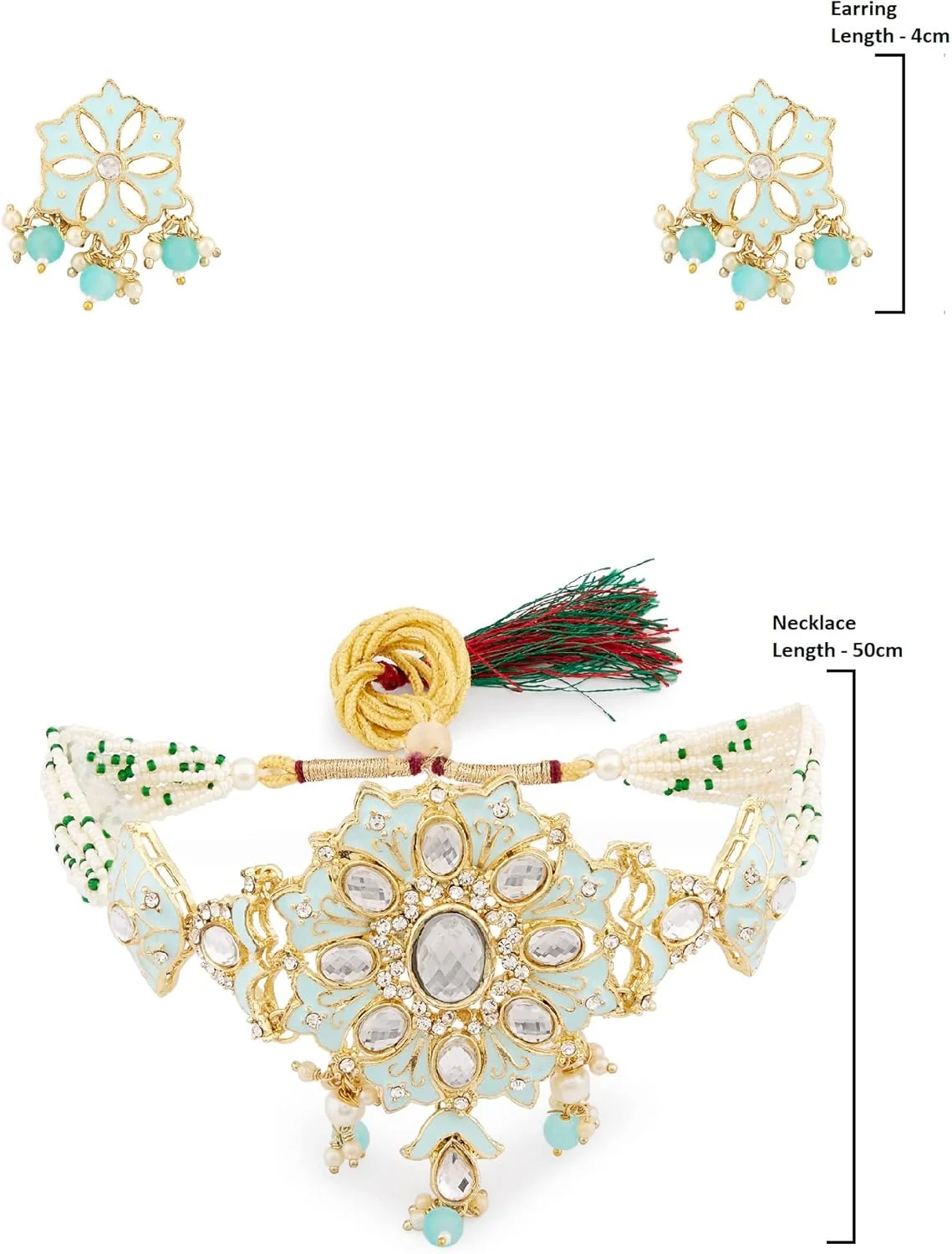 ست گردنبند چوکر چند رشته ای Kundan میناکاری فیروزه ای Zaveri Pearls به همراه گوشواره و انگشتر زنانه - ZPFK13655 ست گردنبند چوکر چند رشته ای Kundan میناکاری فیروزه ای Zaveri Pearls به همراه گوشواره و انگشتر زنانه - ZPFK13655