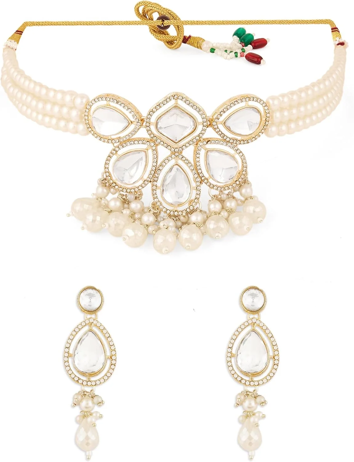 ZAVERI PEARLS گردنبند چوکر چند رشته ای مرواریدی با سنگ های خیره کننده طلایی و گوشواره زنانه - ZPFK18229