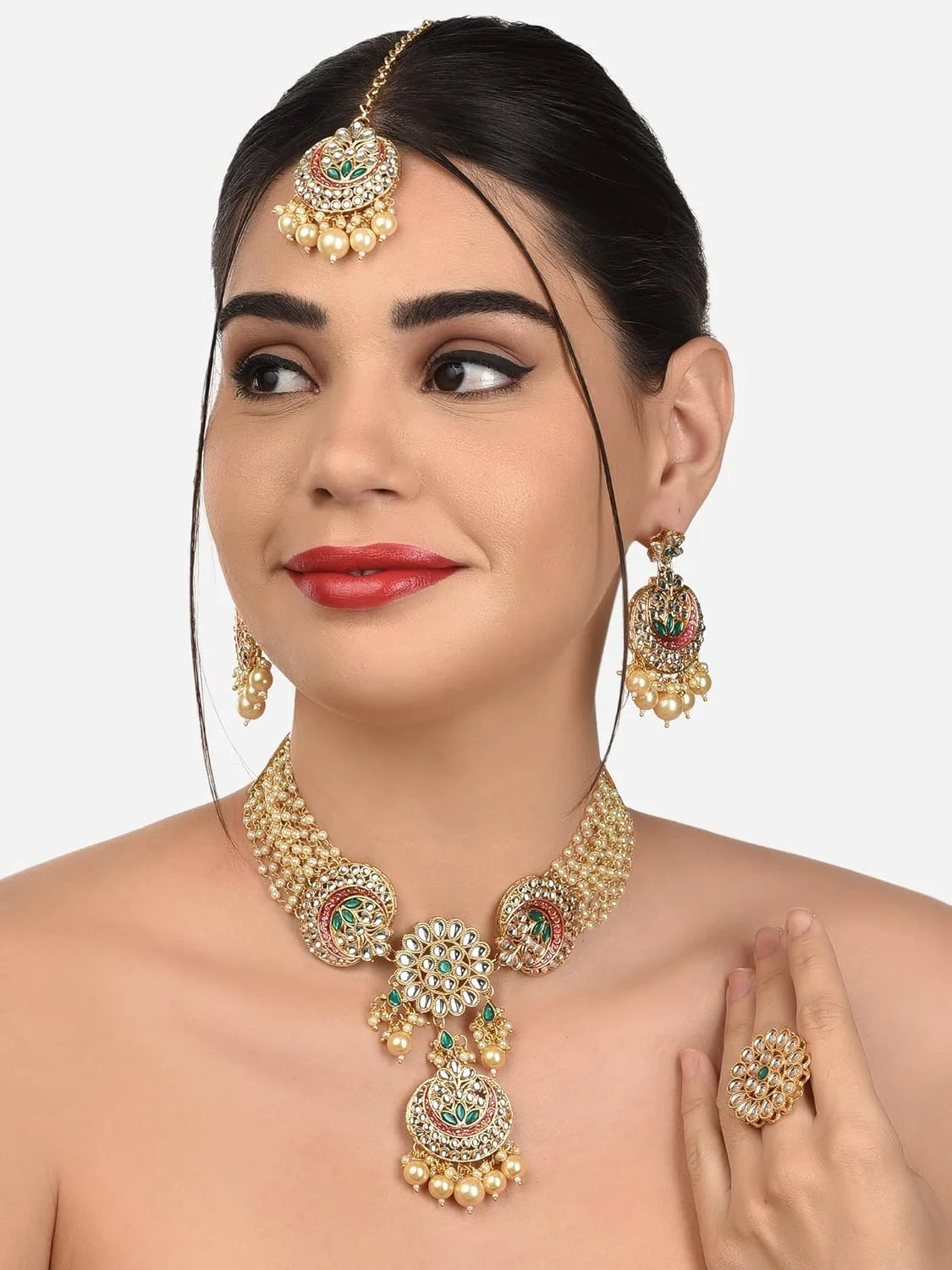 ست گردنبند چوکر، گوشواره، مانگ تیکا و انگشتر میناکاری شده زنانه Zaveri Pearls صورتی و سبز - ZPFK12633 ست گردنبند چوکر، گوشواره، مانگ تیکا و انگشتر میناکاری شده زنانه Zaveri Pearls صورتی و سبز - ZPFK12633