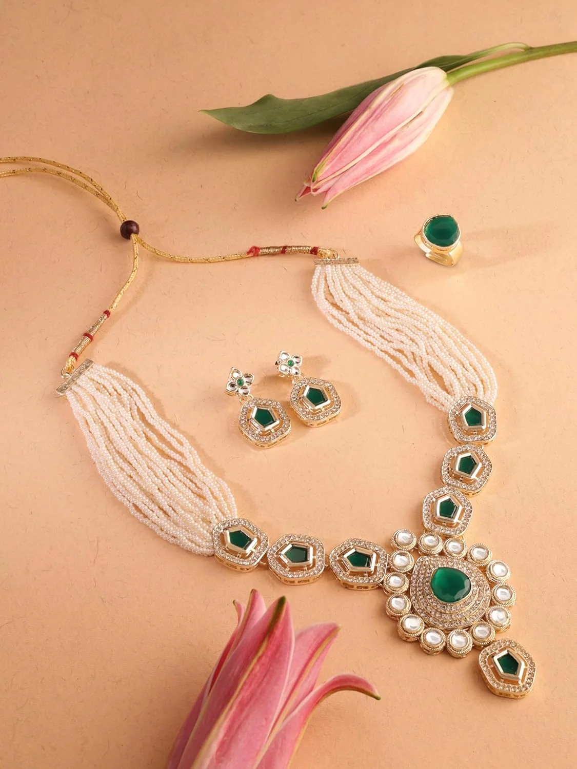 زیوری پرلز ست گردنبند، گوشواره و انگشتر چند رشته ای مهره دار Kundan با سنگ های سبز زنانه - ZPFK17291