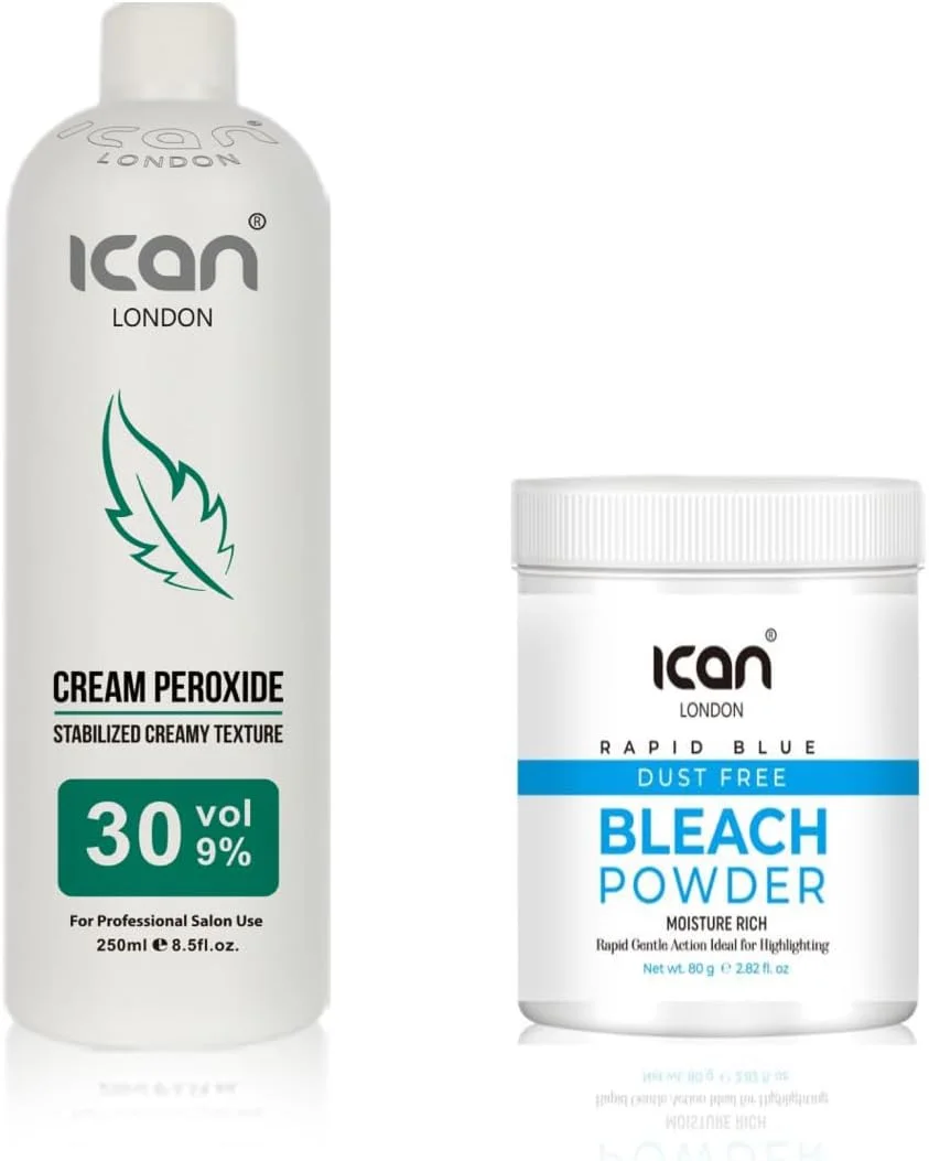 مجموعه اکسیدان کرمی حرفه ای آیکن لندن 30 حجمی 9% 250 میلی لیتر + پودر دکلره آبی سریع (ظرف) 80 گرمی