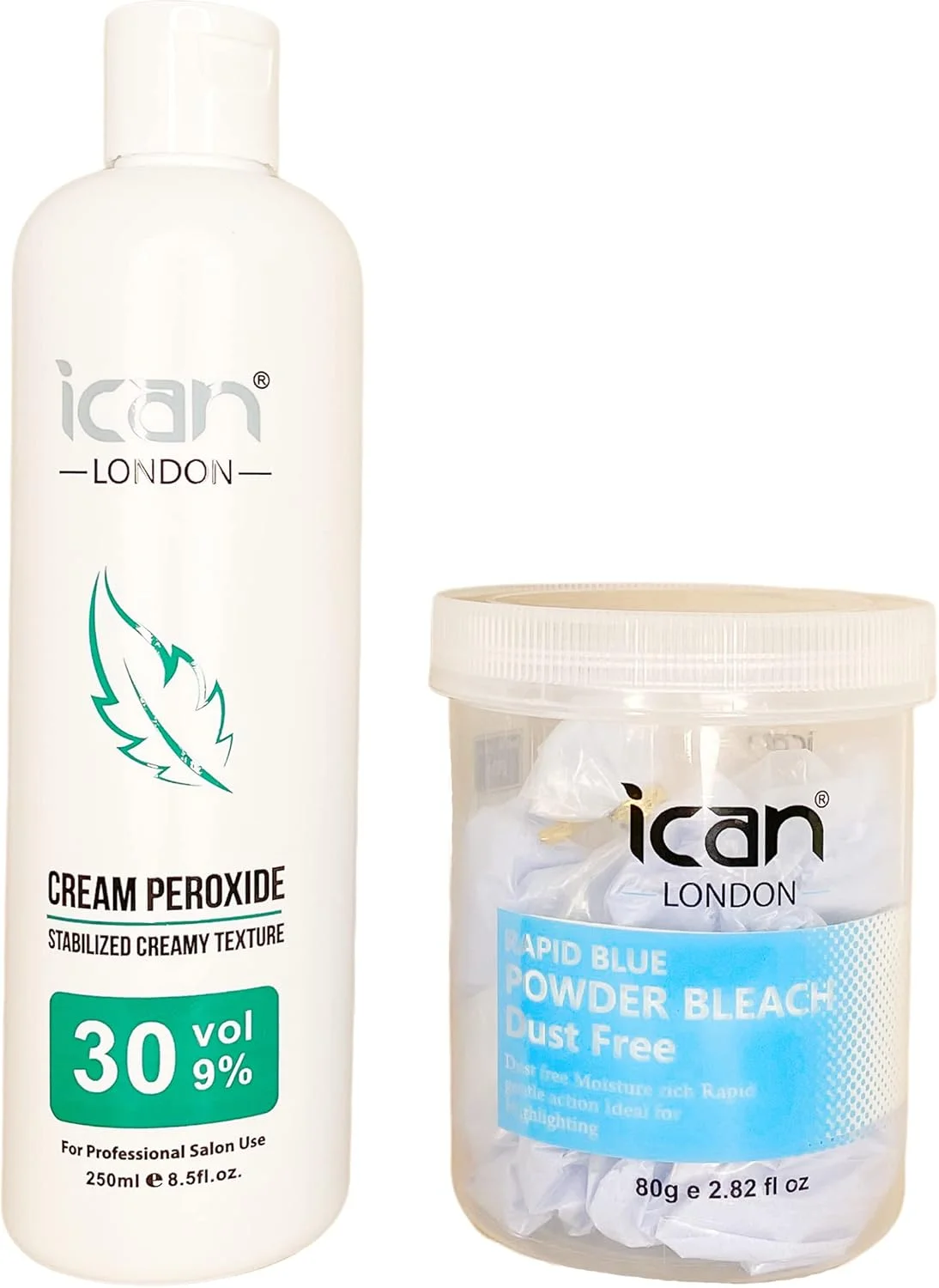 مجموعه اکسیدان کرمی حرفه ای آیکن لندن 30 حجمی 9% 250 میلی لیتر + پودر دکلره آبی سریع (ظرف) 80 گرمی