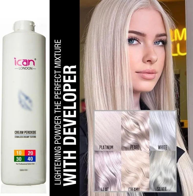 مجموعه اکسیدان کرمی حرفه ای ۴۰ حجمی ۱۲% ۱۰۰۰ میلی لیتری آیکن لندن + پودر دکلره آبی سریع (ظرف) ۵۰۰ گرمی