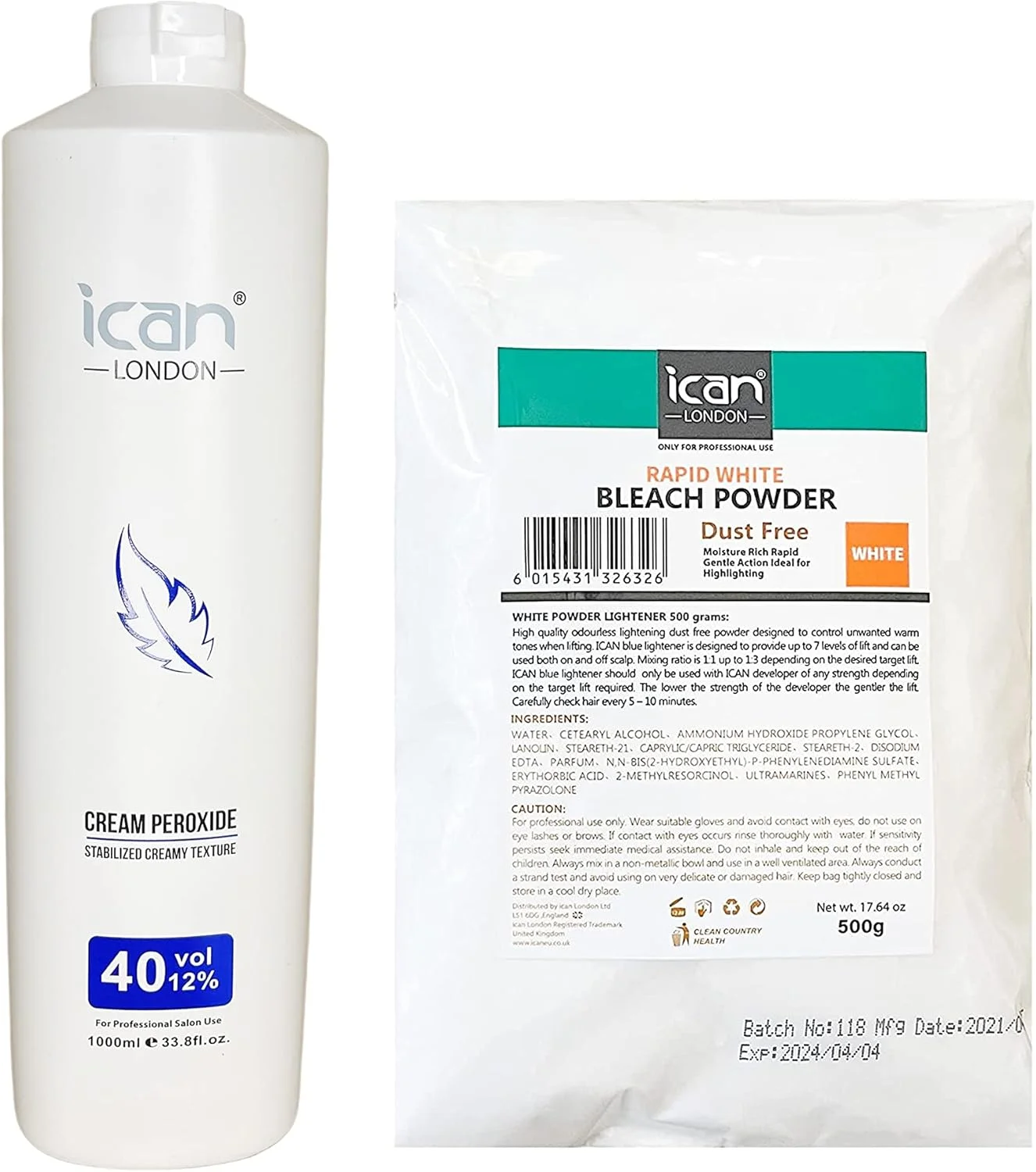 مجموعه ترکیبی اکسیدان کرمی حرفه ای ۴۰ حجمی ۱۲% ۱۰۰۰ میلی لیتری ICAN LONDON + پودر دکلره سفید ۵۰۰ گرمی مجموعه ترکیبی اکسیدان کرمی حرفه ای ۴۰ حجمی ۱۲% ۱۰۰۰ میلی لیتری ICAN LONDON + پودر دکلره سفید ۵۰۰ گرمی