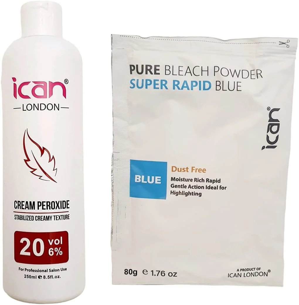 مجموعه اکسیدان کرمی حرفه ای 20 حجمی 6% ایکان لندن 250 میلی لیتر + پودر دکلره آبی سریع 80 گرم مجموعه اکسیدان کرمی حرفه ای 20 حجمی 6% ایکان لندن 250 میلی لیتر + پودر دکلره آبی سریع 80 گرم