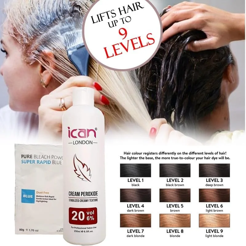 مجموعه اکسیدان کرمی حرفه ای 20 حجمی 6% ایکان لندن 250 میلی لیتر + پودر دکلره آبی سریع 80 گرم مجموعه اکسیدان کرمی حرفه ای 20 حجمی 6% ایکان لندن 250 میلی لیتر + پودر دکلره آبی سریع 80 گرم