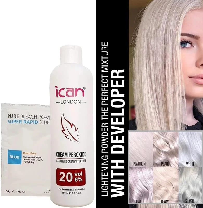 مجموعه اکسیدان کرمی حرفه ای 20 حجمی 6% ایکان لندن 250 میلی لیتر + پودر دکلره آبی سریع 80 گرم مجموعه اکسیدان کرمی حرفه ای 20 حجمی 6% ایکان لندن 250 میلی لیتر + پودر دکلره آبی سریع 80 گرم