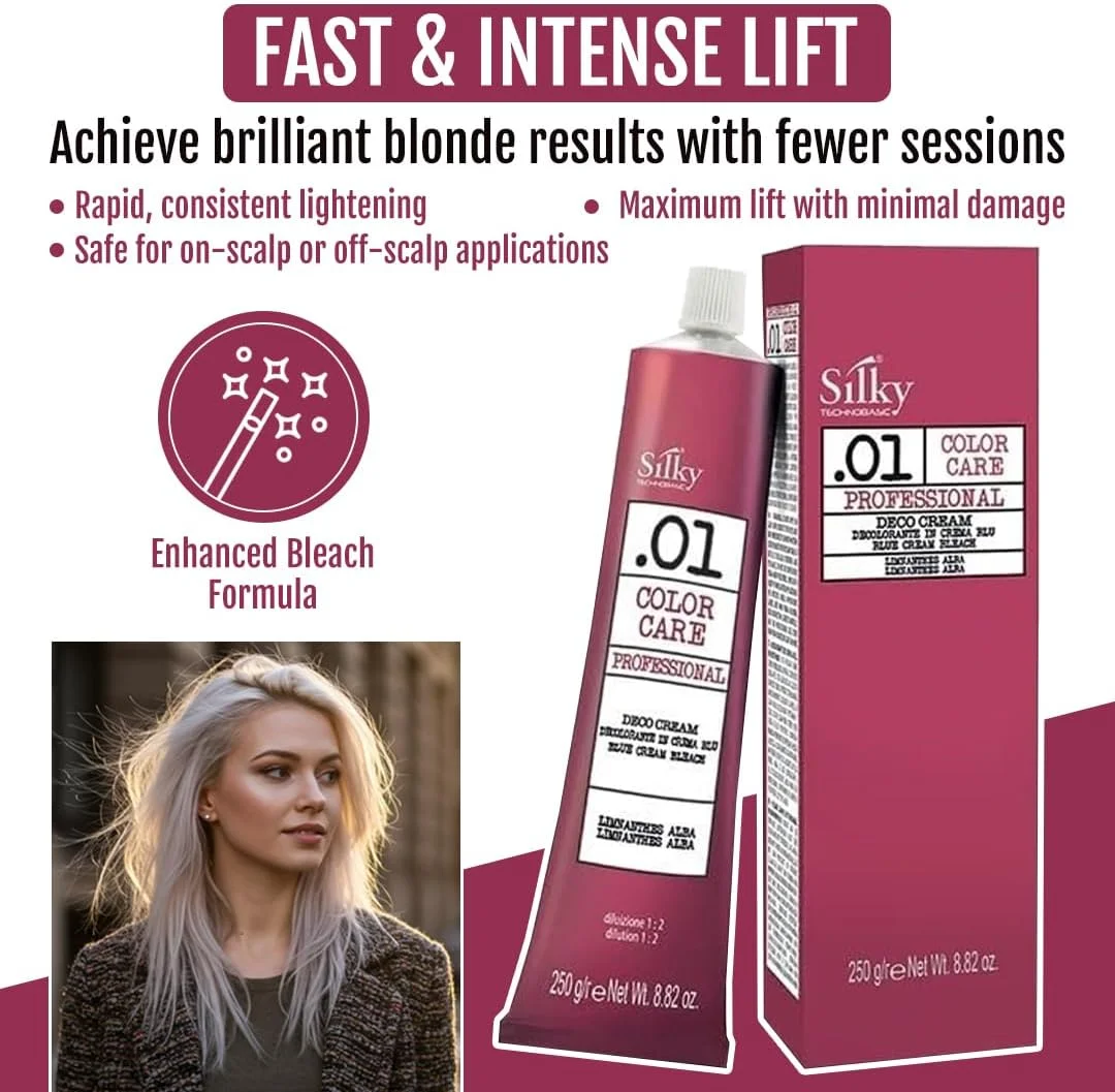 کرم دکلره مو ضد زردی SILKY.01 - دکلره روشن کننده مو تا 7 درجه با میکرو پیگمنت های آبی برای رنگ های روشن تر - کرم مغذی مو، پشتیبانی از رشد مو و ایده آل برای انواع مو کرم دکلره مو ضد زردی SILKY.01 - دکلره روشن کننده مو تا 7 درجه با میکرو پیگمنت های آبی برای رنگ های روشن تر - کرم مغذی مو، پشتیبانی از رشد مو و ایده آل برای انواع مو