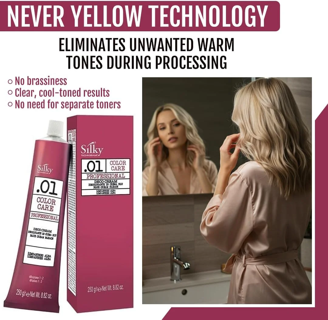 کرم دکلره مو ضد زردی SILKY.01 - دکلره روشن کننده مو تا 7 درجه با میکرو پیگمنت های آبی برای رنگ های روشن تر - کرم مغذی مو، پشتیبانی از رشد مو و ایده آل برای انواع مو کرم دکلره مو ضد زردی SILKY.01 - دکلره روشن کننده مو تا 7 درجه با میکرو پیگمنت های آبی برای رنگ های روشن تر - کرم مغذی مو، پشتیبانی از رشد مو و ایده آل برای انواع مو