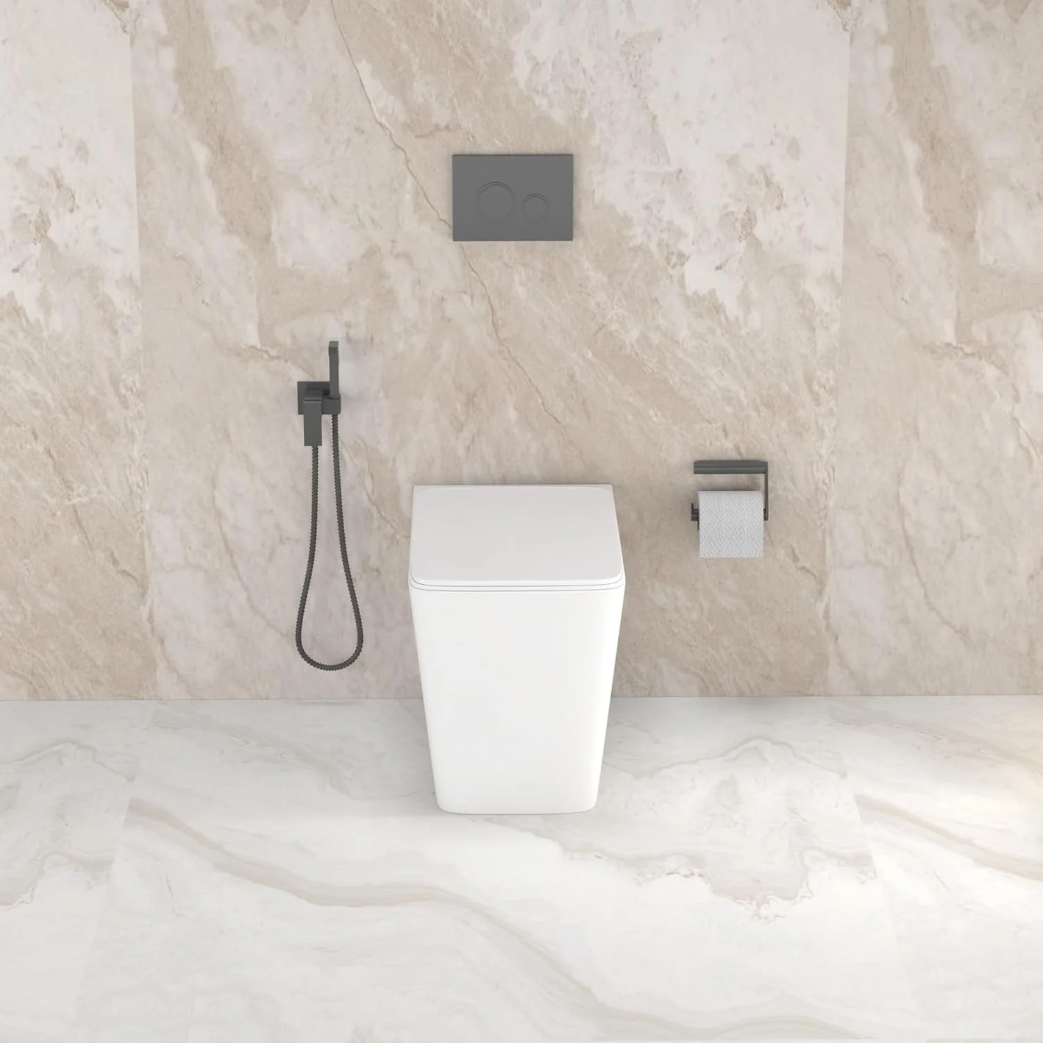 توالت زمینی سرامیکی سفید رنگ نورک مدل Moon، تک پنل پشتی به دیوار | سیفون P شکل سرامیکی | ابعاد 510x350x410 میلی متر | به همراه درب و نشیمن UF | کاسه توالت فرنگی، مخزن توالت مناسب برای حمام و سرویس بهداشتی