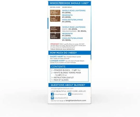 پودر دکلره مو با قدرت روشن کنندگی فوق العاده بالا Knight & Wilson Colour Freedom Blonde به همراه بسته تونر خنثی کننده رنگ بلوند سفید. تا 9 درجه روشن کنندگی پودر دکلره مو با قدرت روشن کنندگی فوق العاده بالا Knight & Wilson Colour Freedom Blonde به همراه بسته تونر خنثی کننده رنگ بلوند سفید. تا 9 درجه روشن کنندگی