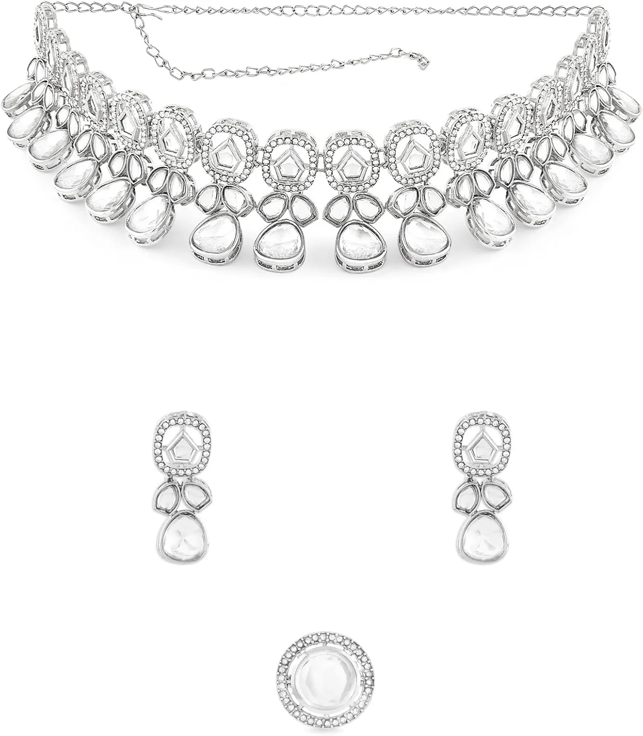 زیوری پرلز ست گردنبند، گوشواره و انگشتر زنانه با نگین های درخشان نقره ای رنگ، مزین به الماس های اتریشی - ZPFK17595
