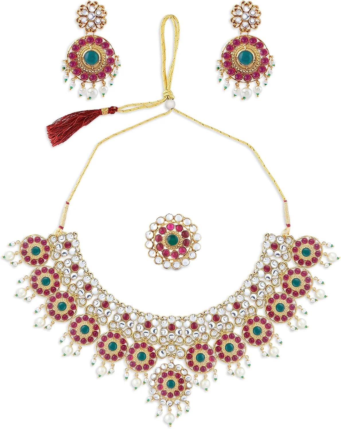 زیوری پرلز ست گردنبند، گوشواره و انگشتر عروس سبز و صورتی Kundan و مروارید زنانه - ZPFK10777