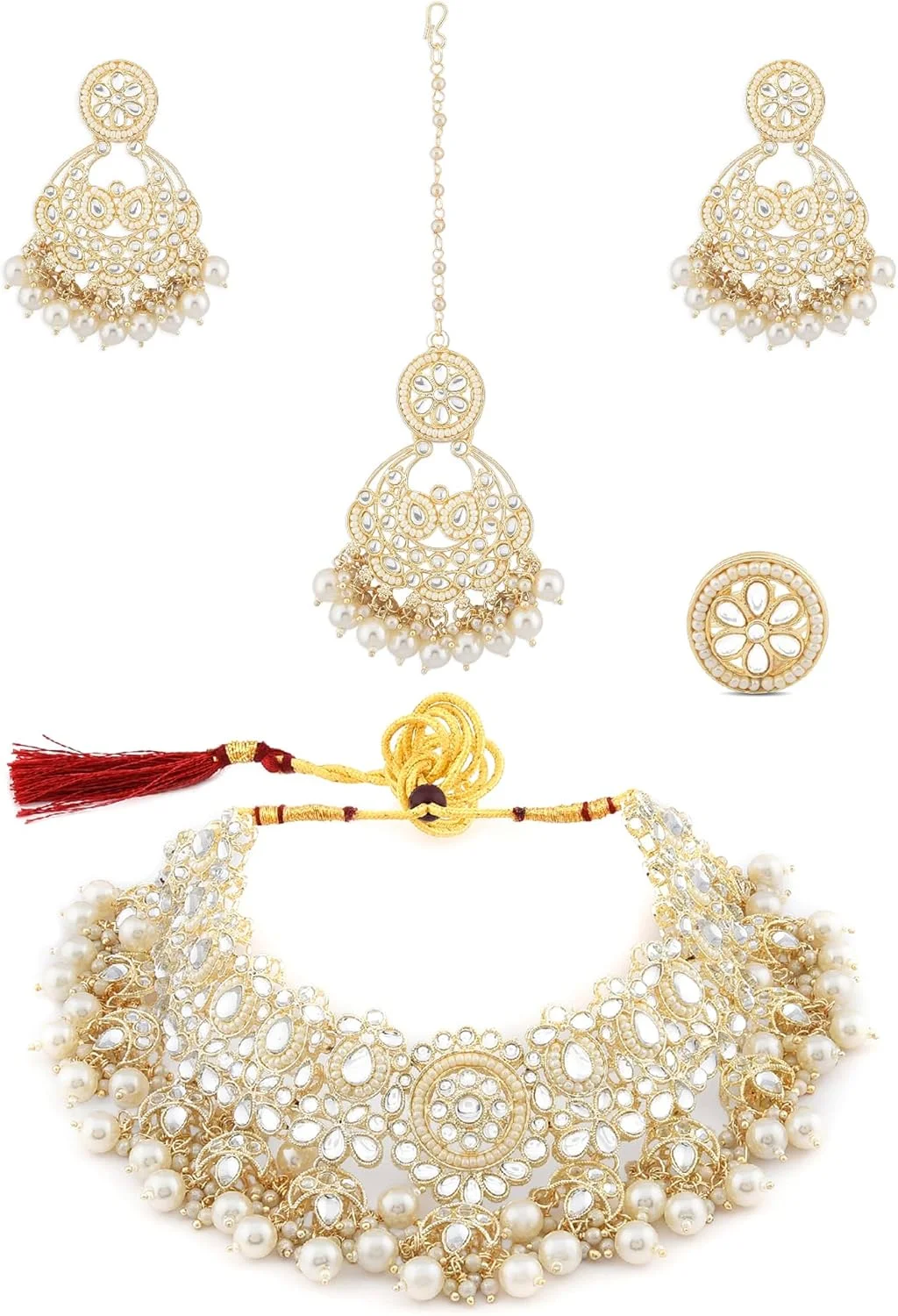 زیوری پرلز، ست گردنبند، گوشواره، مانگ تیکا و انگشتر عروس زنانه با طرح کندن و مروارید، رنگ طلایی - ZPFK12203