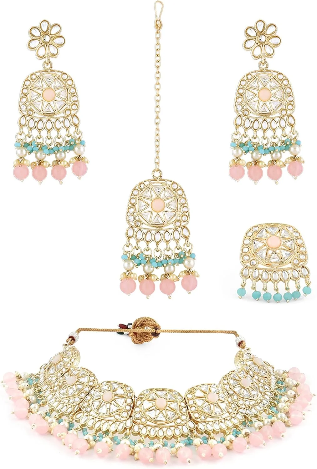 زیوری پرلز، ست گردنبند چوکر، گوشواره، مانگ تیکا و انگشتر زنانه با مهره های فیروزه ای آبی و صورتی و نگین های کندان - ZPFK16015