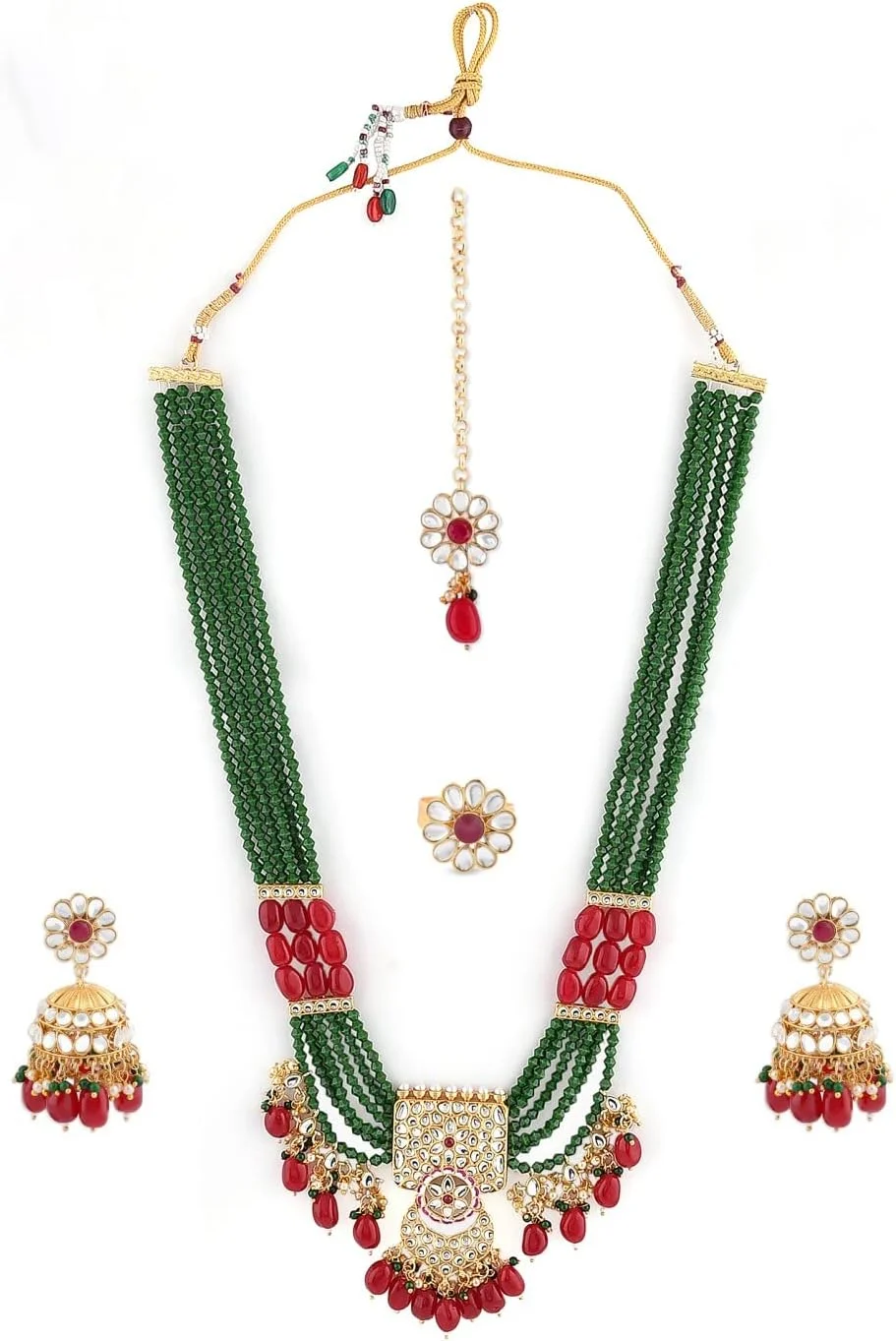 زیوری پرلز ست گردنبند چند رشته ای سبز مارون، گوشواره، مانگ تیکا و انگشتر زنانه - ZPFK11455