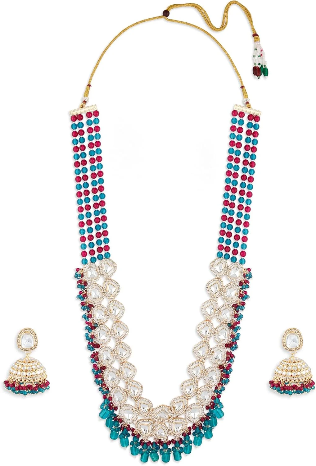 زاوِری پرلز ست گردنبند و گوشواره مجلسی زنانه با مهره های خوشه ای چند رشته ای صورتی و سبز و الماس های اتریشی درخشان - ZPFK18194
