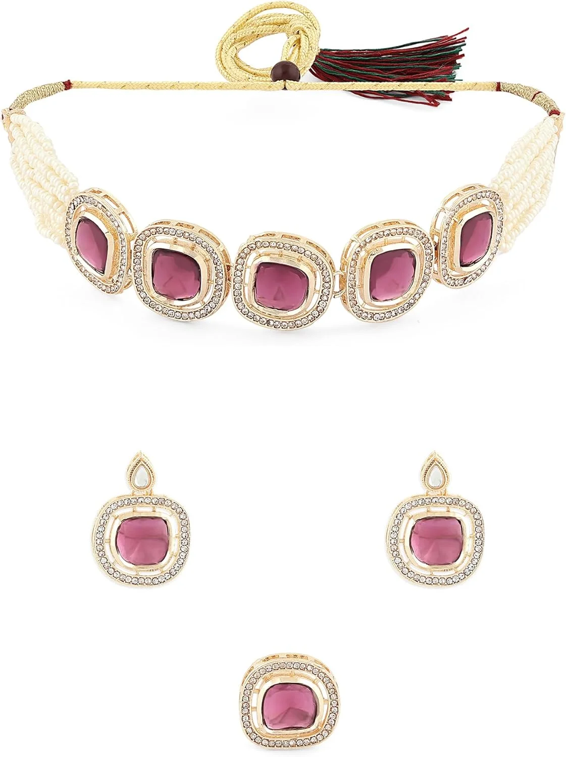 زیوری پرلز ست گردنبند چوکر چند رشته ای مهره دار بنفش زنانه با گوشواره و انگشتر - ZPFK16496