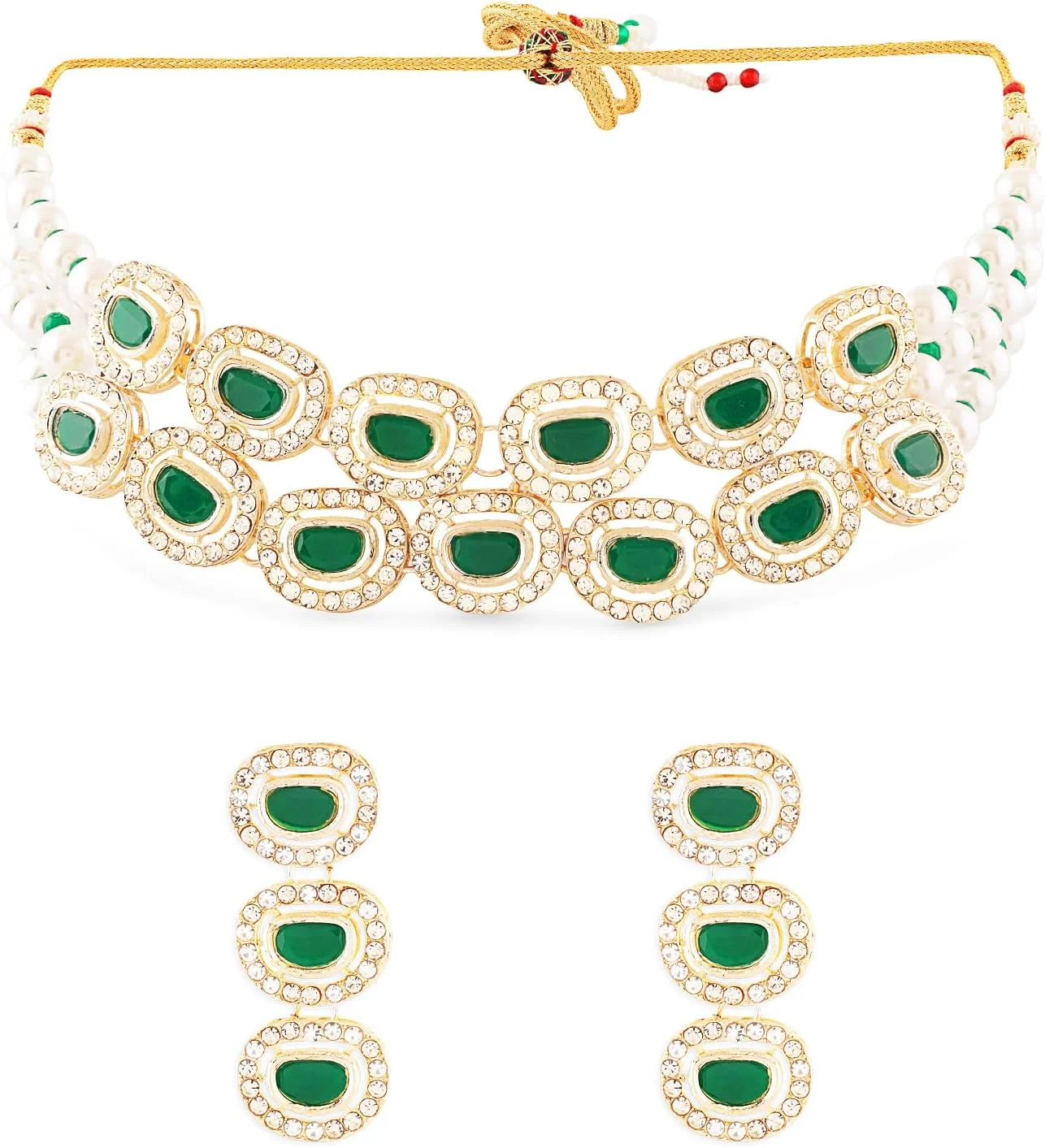 ZAVERI PEARLS گردنبند چوکر نگین دار سبز و الماس اتریشی درخشان به همراه گوشواره زنانه - ZPFK17343