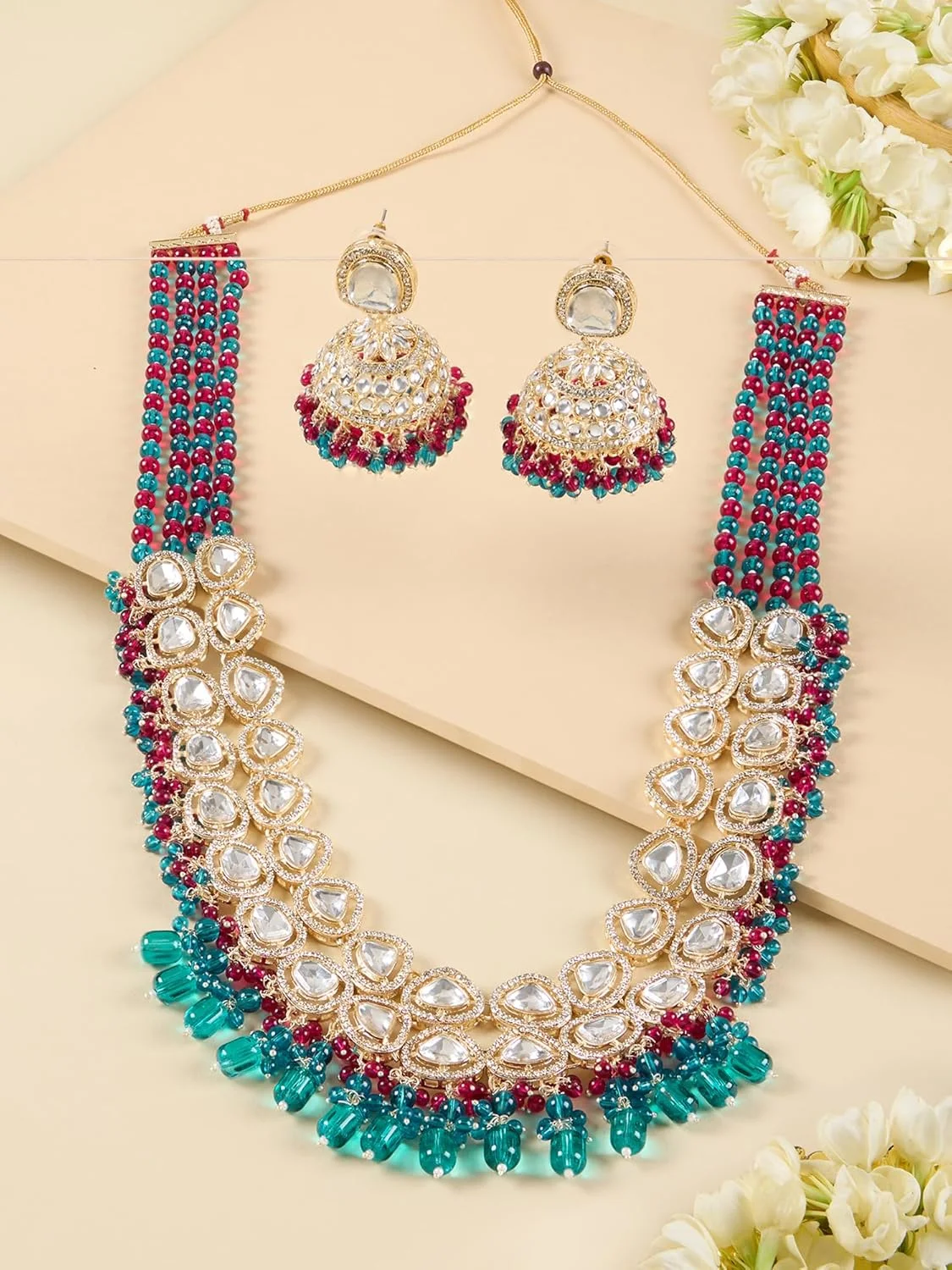 زاوِری پرلز ست گردنبند و گوشواره مجلسی زنانه با مهره های خوشه ای چند رشته ای صورتی و سبز و الماس های اتریشی درخشان - ZPFK18194 زاوِری پرلز ست گردنبند و گوشواره مجلسی زنانه با مهره های خوشه ای چند رشته ای صورتی و سبز و الماس های اتریشی درخشان - ZPFK18194